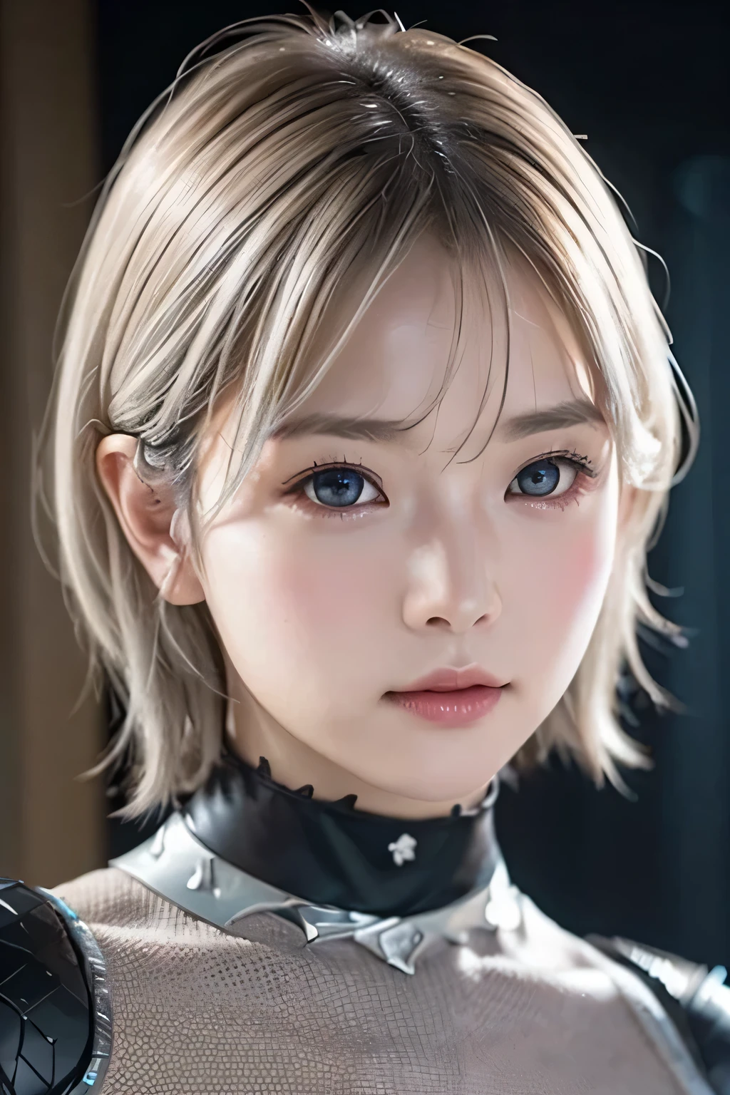 top-quality、8K Masterpiece、超A high resolution、(Photorealsitic:1.3)、Raw photo、***1人、silver white hair、glowy skin、1 Cyberpunk Super Beautiful Soldier、((super realistic details))、portlate、globalillumination、Shadow、octan render、8K、ultrasharp、beauty breast、Raw skin is exposed in cleavage、metals、cold color、、highly intricate detail、Realistic light、CGSoation trend beautiful eyes、Eyes shining towards the camera、neon details、Junior high school girl、Shining turquoise eyes、tiny body、Slimed、flat body、a choker