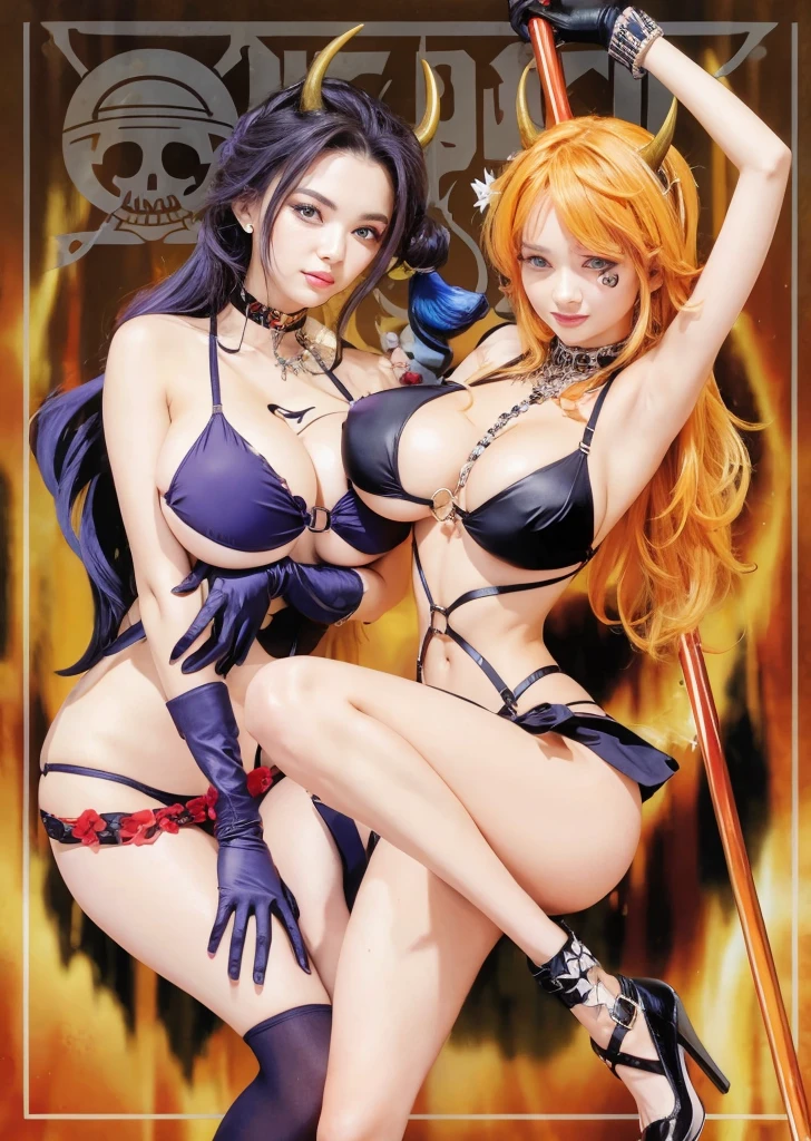 beautiful girl in a bikini and a devil in a black outfit, realistic