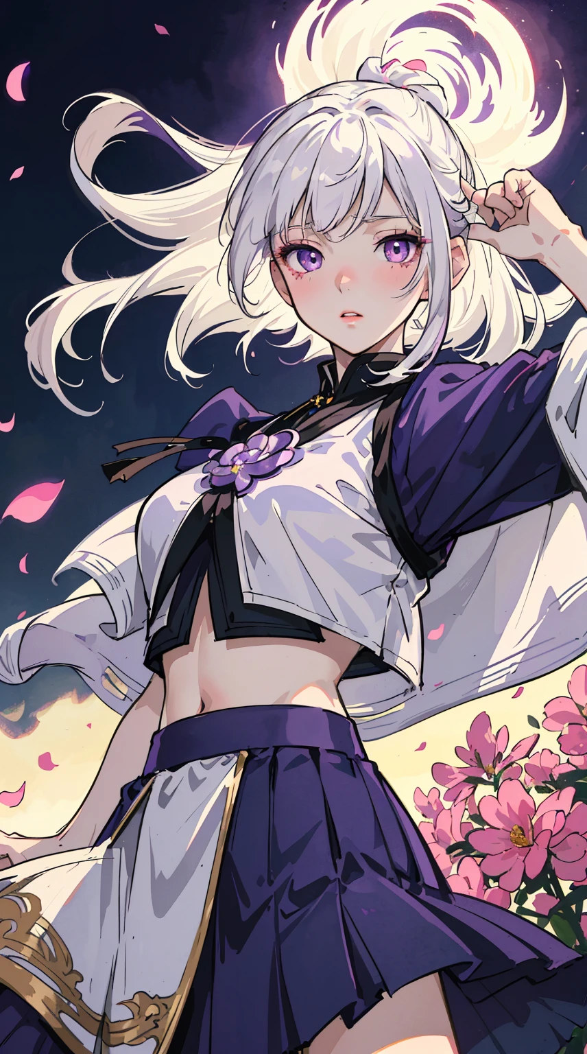 (anime,masterpiece, top quality, best quality,1woman white hair, purple eyes, glowing eyes, crop top, skirt, parted lips, blush, night, flowers, sun, sunlight,