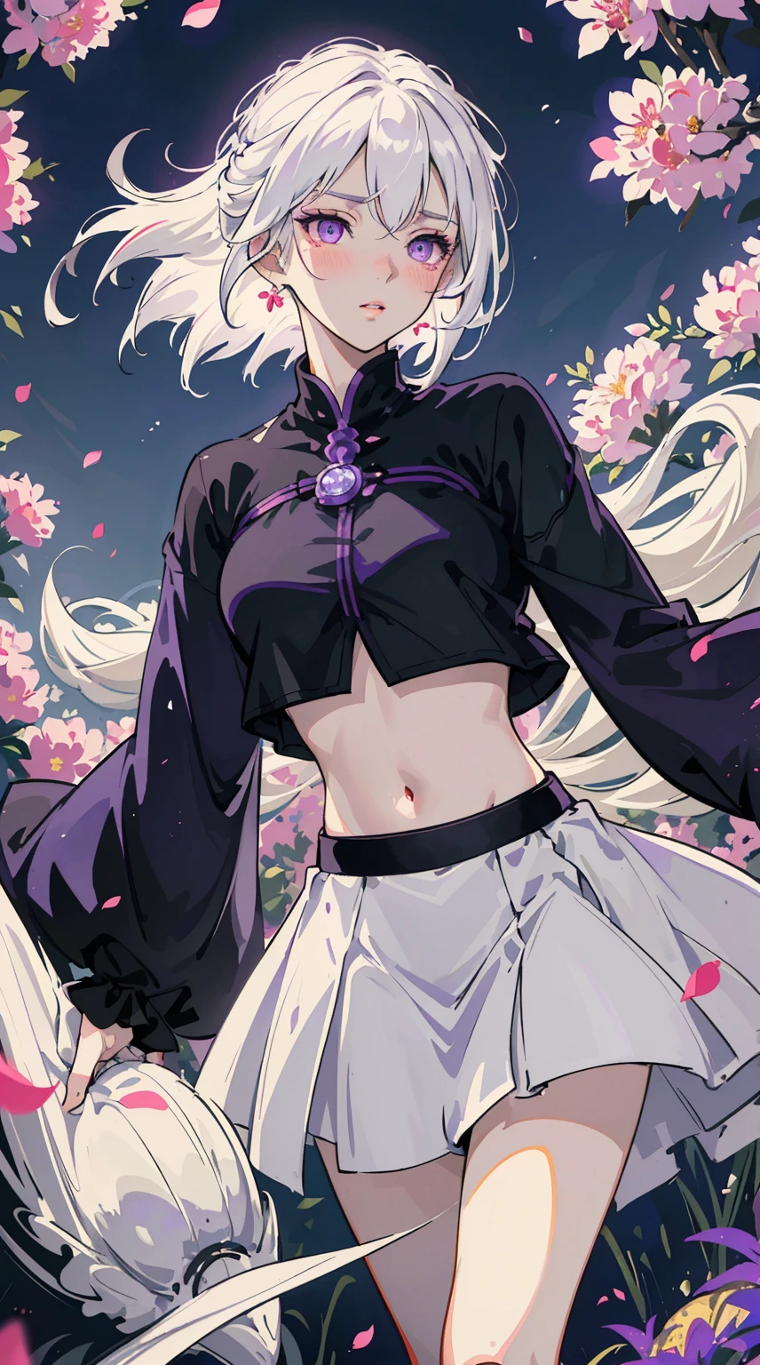 (anime,masterpiece, top quality, best quality,1woman white hair, purple eyes, glowing eyes, crop top, skirt, parted lips, blush, night, flowers, sun, sunlight,