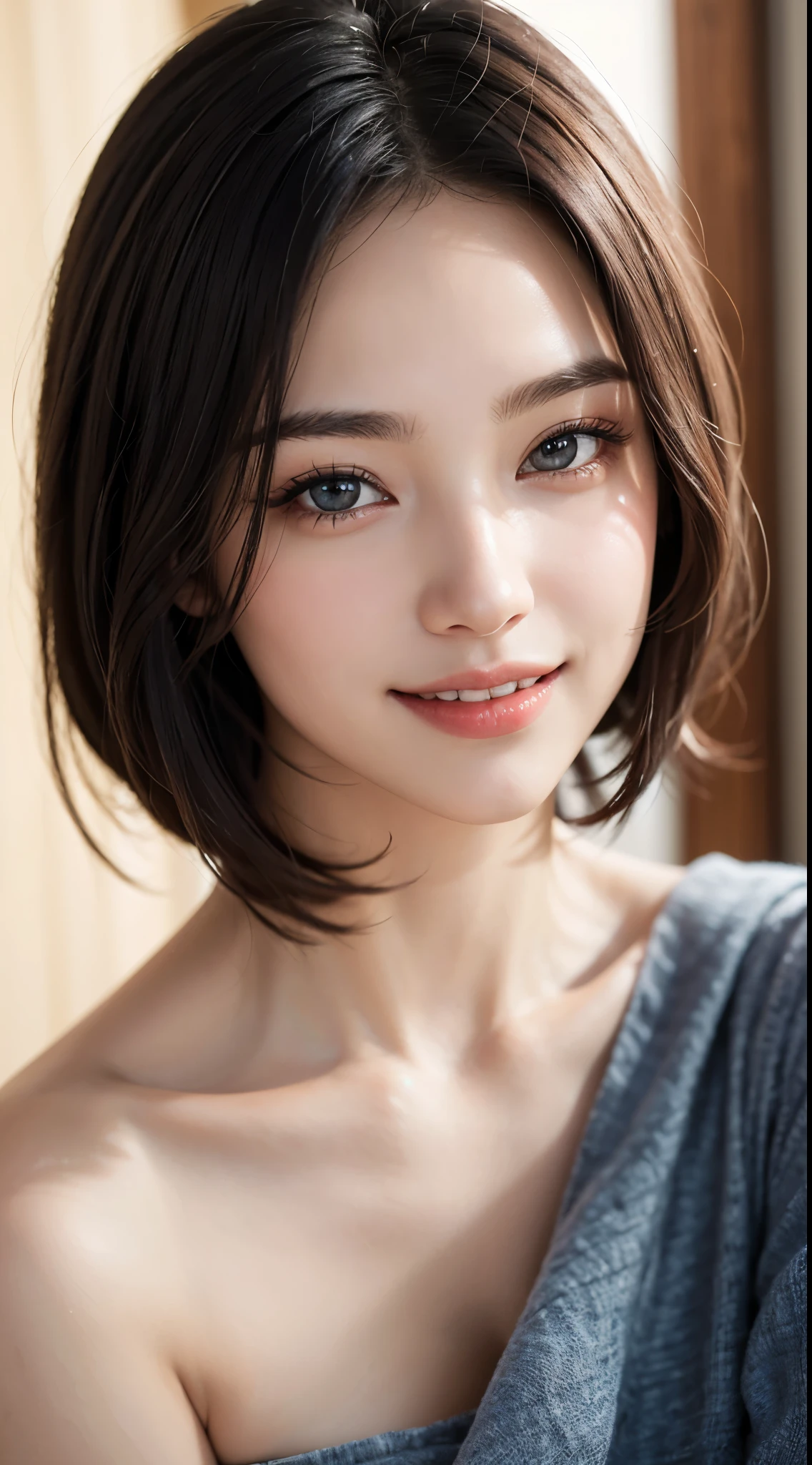 ((((masutepiece, Best Quality, High resolution)))), extremely detailed 8K, Beautiful girl with slim body, (Ultra HD, Ultra-detailed, Highly detailed, Highly realistic, Ultra-realistic, photos realistic), (1girll), short wavy hair, bob cuts, facing at camera, lightsmile, Purple eyes, (beautifull detailed face, Beautiful detailed eyes), Sweat, (rays of sunshine, Sunlight),
