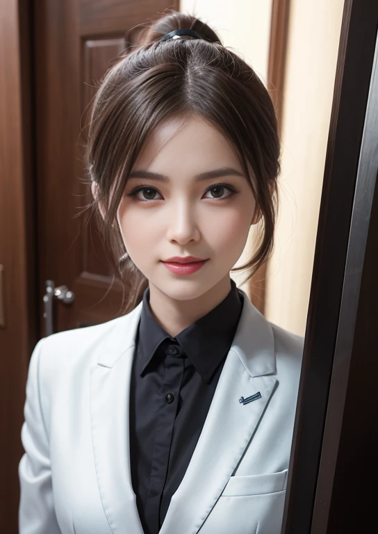 Photo realism, dynamic lighting, art station, volumetric lighting, very detailed faces, 4k, award-winning, 1girl, in the dark, deep shadows, understated, single ponytail, charming smile, casual wear, (formalwear: 1.4), long single ponytail, hit the door