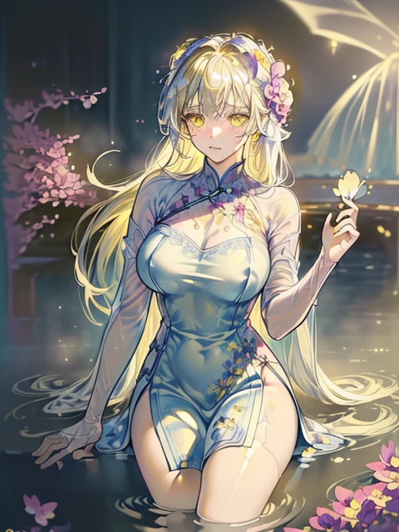 ((Finest quality)),(超A high resolution),(Ultra-detailed細),(Meticulous portrayal),((the most picturesque works of art),Ultra-Precision Art,The art of astounding depiction,Fantasyart:1.5, ((((Beautiful flowers々:1.5))), ((Body eroded by flowers:1.3)),(Glamorous body:1.3),fancy background effects、masterpiece、Fancy details、(NSFW 1.1), ((1girl in)), ((masutepiece)), ((Highly detailed:1.3)), In crystal clear water,beautiful woman entering the lake, ((long yellow hair)), Wet hair, Wearing a light transparent dress, clothed bathing, steam, (many petals floating on the lake:1.8), Early morning light, Ivory Gold AI, windows, Crepscular lighting, 、Lace sheer underwear、very very gigantic boobs、Transparent pink nipples、Transparent pink areola、lace and string shorts.、princess carry,Sexy lingerie with lace and strings,See-through sexy lingerie,Transparent lingerie、translucent dress、pearlsescent、pearls、Sexy Harness、Sexy garter belt、Sexy Stockings、Well equipped,intimate, rose garden、Multicolored roses、lake with floating roses、Lying down、Open legs、Spread your legs、Open thighs、Immersion in water、Wet body、splash water、gorgeous flower decoration、big flowers、stylish hair、Moon, lantern, Night, Solo, playing in the water, Water, hair flower, flower, Outdoors, skyporn, full Moon, Rain, lantern, wet clothes, skyporn, wet hair (((masutepiece),(the Extremely Detailed CG Unity 8K Wallpapers),Best Quality,Cinematic lighting,Detailed background,Beautiful detailed eyes,Bright pupils, (extremely delicate and beautiful),(Beautiful and detailed eyes description), Ultra-detailed,masutepiece,)),((Yellow eyes))、