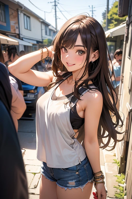 (masterpiece, best quality, ultra-detailed, highres, 4k),(beautiful detailed eyes),(very detailed face),(1girl),HDR,long hair, shorts, phone, brown eyes, brown hair, cellphone, bracelet, tank top, jewelry, watch, lips, solo focus, nail polish, blurry background, smile, wristwatch, realistic, blurry, looking at viewer