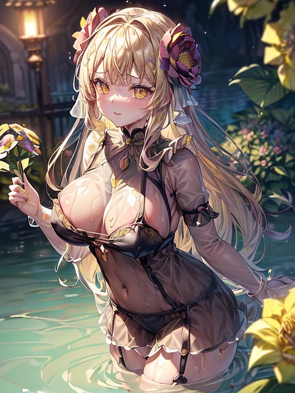 ((Finest quality)),(超A high resolution),(Ultra-detailed細),(Meticulous portrayal),((the most picturesque works of art),Ultra-Precision Art,The art of astounding depiction,Fantasyart:1.5, ((((Beautiful flowers々:1.5))), ((Body eroded by flowers:1.3)),Glamorous body:1.3,fancy background effects、masterpiece、Fancy details、(NSFW 1.1), ((1girl in)), ((masutepiece)), ((Highly detailed:1.3)), In crystal clear water,beautiful woman entering the lake, ((long yellow hair)), Wet hair, Wearing a light transparent dress, clothed bathing, steam, (colors floating in water々Nahana:1.8), Early morning light, Ivory Gold AI, windows, Crepscular lighting, 、Lace sheer underwear、very very gigantic boobs、Transparent pink nipples、Transparent pink areola、lace and string shorts.、princess carry,Sexy lingerie with lace and strings,See-through sexy lingerie,Transparent lingerie、translucent dress、pearlsescent、pearls、Sexy Harness、Sexy garter belt、Sexy Stockings、Well equipped,intimate, rose garden、Multicolored roses、lake with floating roses、Lying down、Open legs、Spread your legs、Open thighs、Immersion in water、Wet body、splash water、ゴージャスNahanaの装飾、大きNahana、stylish hair、Moon, lantern, Night, Solo, playing in the water, Water, hair flower, flower, Outdoors, skyporn, full Moon, Rain, lantern, wet clothes, skyporn, wet hair (((masutepiece),(the Extremely Detailed CG Unity 8K Wallpapers),Best Quality,Cinematic lighting,Detailed background,Beautiful detailed eyes,Bright pupils, (extremely delicate and beautiful),(Beautiful and detailed eyes description), Ultra-detailed,masutepiece,)),((Yellow eyes))、