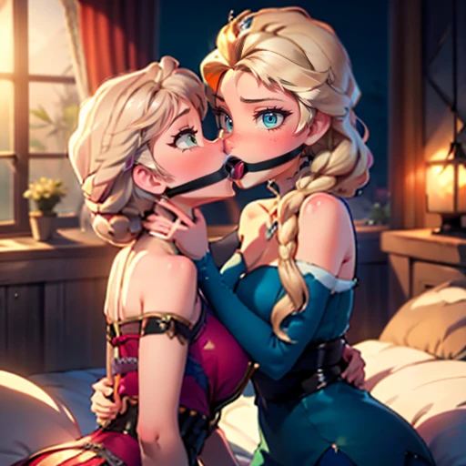 Masterpiece, 2 girls, sexl, big breasts, kisses, elsa and anna, double gag, tied, elsa from frozen, anna from frozen, frozen