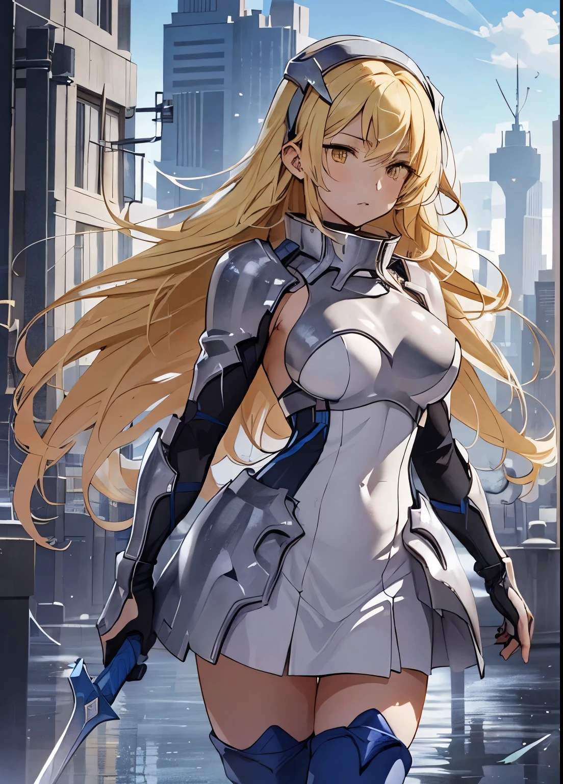 masuter piece, Best Quality, 超A high resolution, top-quality, Anime style, Best Lighting, Beautiful face, iced, 1girl in, Solo, Blonde hair, armor, Long hair, Straight hair, thighs thighs thighs thighs, long boots, Dress, Yellow eyes, thigh long boots, blue long long boots, blue footwear, Covered navel, breastplates, shoulder armor, gloves, white Dress outdoor, During the battle, Hold your sword, rapier, Face Focus