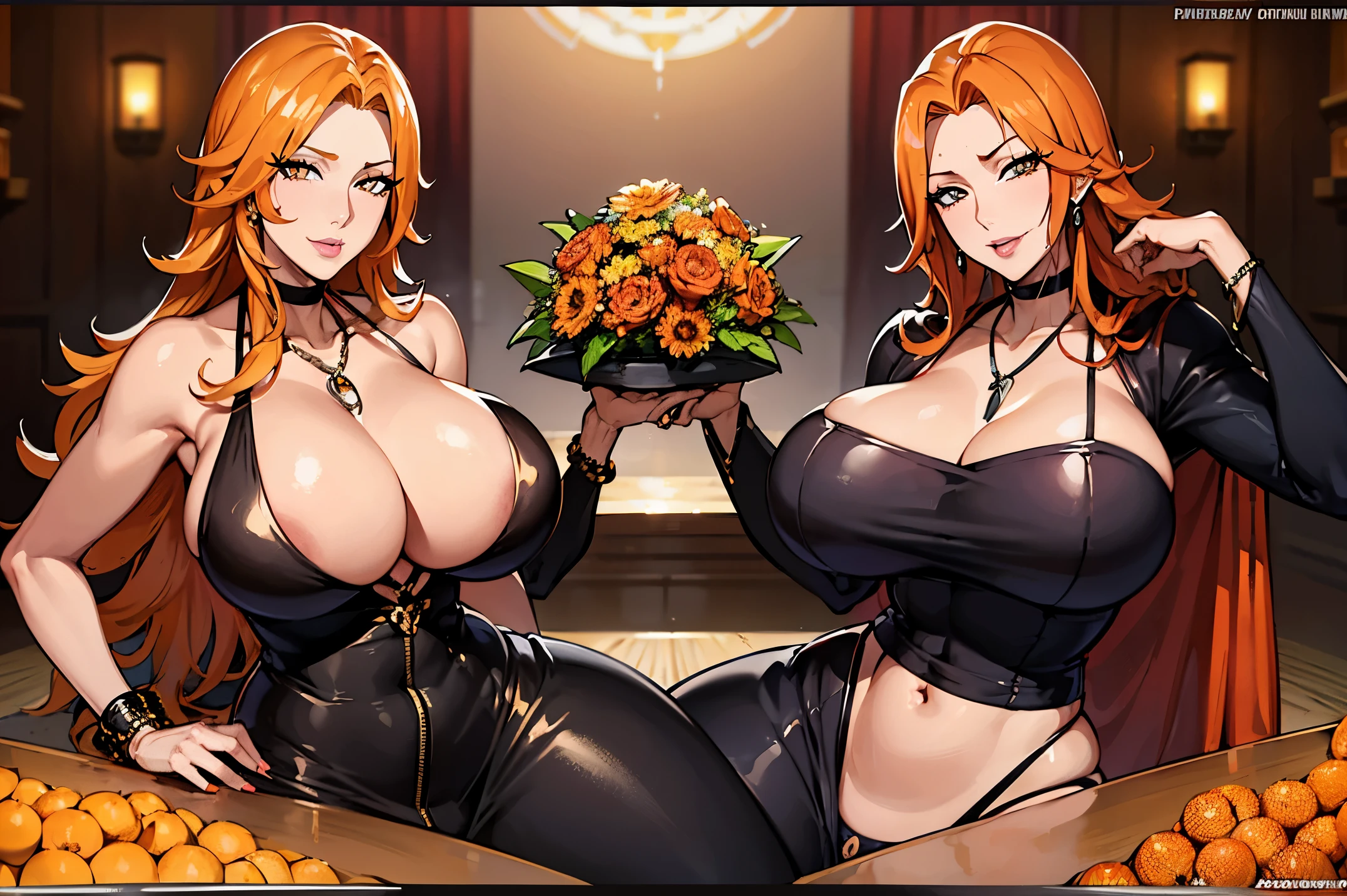1milf, busty mature body, curvaceous body, matsumoto rangiku, orange hair, amber eyes, colar, clivagem, jewelries, Detailed Lips, ,matsumoto rangiku, Sakimichan, adicionar_detalhe:2, ((octane rendering)), Fisheye , sexual