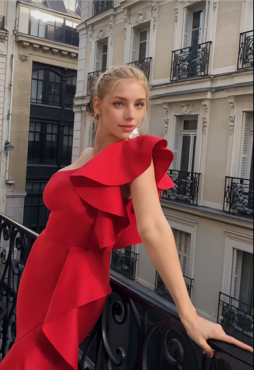 Rosto de uma mulher, americana, 25 anos, pale skin and freckles, olhos cinzas, nariz delicado, soft and delicate lips, cabelo blondie cinza ponytail, sorriso meigo