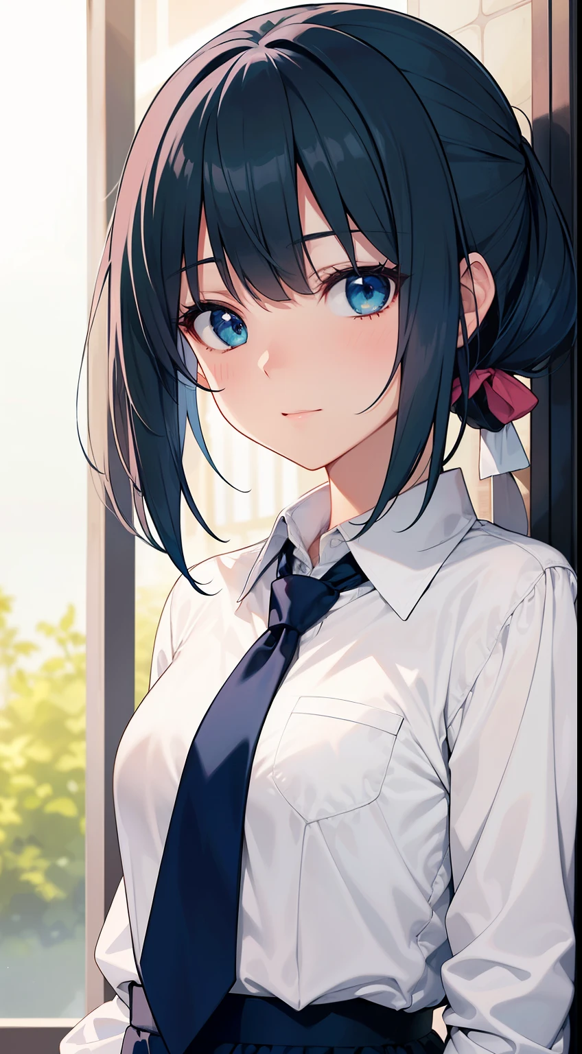 Anime girl with blue eyes and a tie standing in front of a window ...