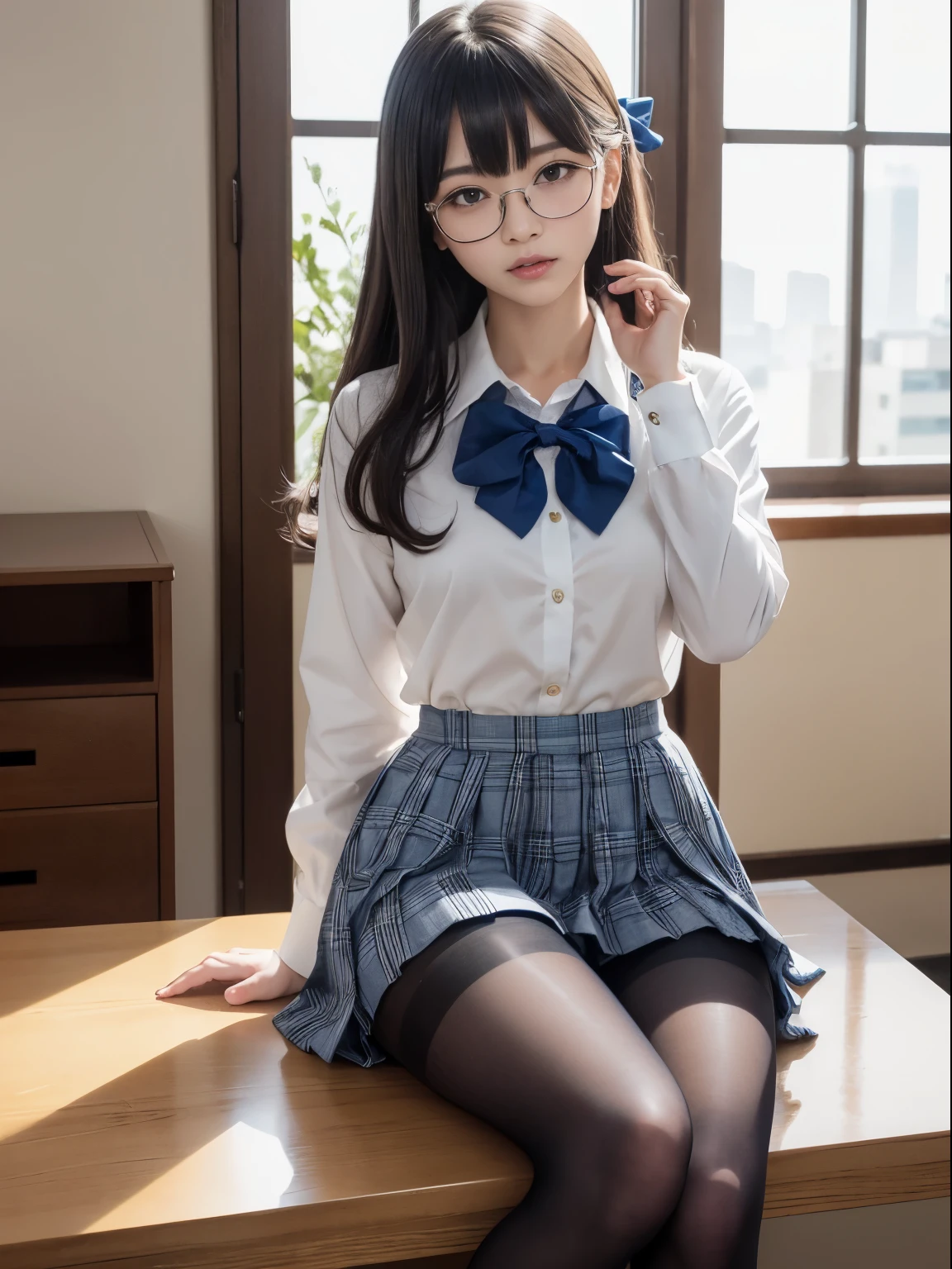 (I see underwear)、((細いThe eye))、((細いThe eye))、((細いThe eye))、(8K、生a picturegraphy、top-quality、masterpiece:1.2),、Has a small、(flat breast)、(flat breast)、(flat breast)、(flat breast)、(flat breast)、(being thin)、light skinned、skin whitening、Dark look、Rasping,glamor,light skinned肌,cocky,School,watching at viewers,Looking at the front,Muchimuchi,High-pitched clothing,Erotic,Pupils,de pele branca,kne,((Black pantyhose)),absurderes,a small face,,Forehead visible,Bangs hanging from the left and right sides of the forehead,(a cold expression,The eyeがきつめ,glares,Bullish,irate)、masterpiece,top-quality、超A high resolution,生a picture,ren,Beautiful fece,One Person, 独奏,eye glass,,Dark look,Small breasts,fullllbody,(まるeye glass),JK school uniform,hi-school girl,A Japanese Lady, (Photorealsitic:1.37)、Photon mapping,Realistic、Beautie,Cute little face,ブラウンThe eye、Black socks、(Red bow tie)、Radio City、Physically Based Rendering、depth of field rally background、a picture,Body,beauty legs, Long legs, Thin leg,(Bangs are visible), hair, s lips, Blue_The eye, nosesoft,(Light blue shirt), (Navy and blue and white plaid pleated skirt), kneが見える,Sheer clothing,, Thigh, Black cotton socks,Nogizaka Idol, , Japanese ido