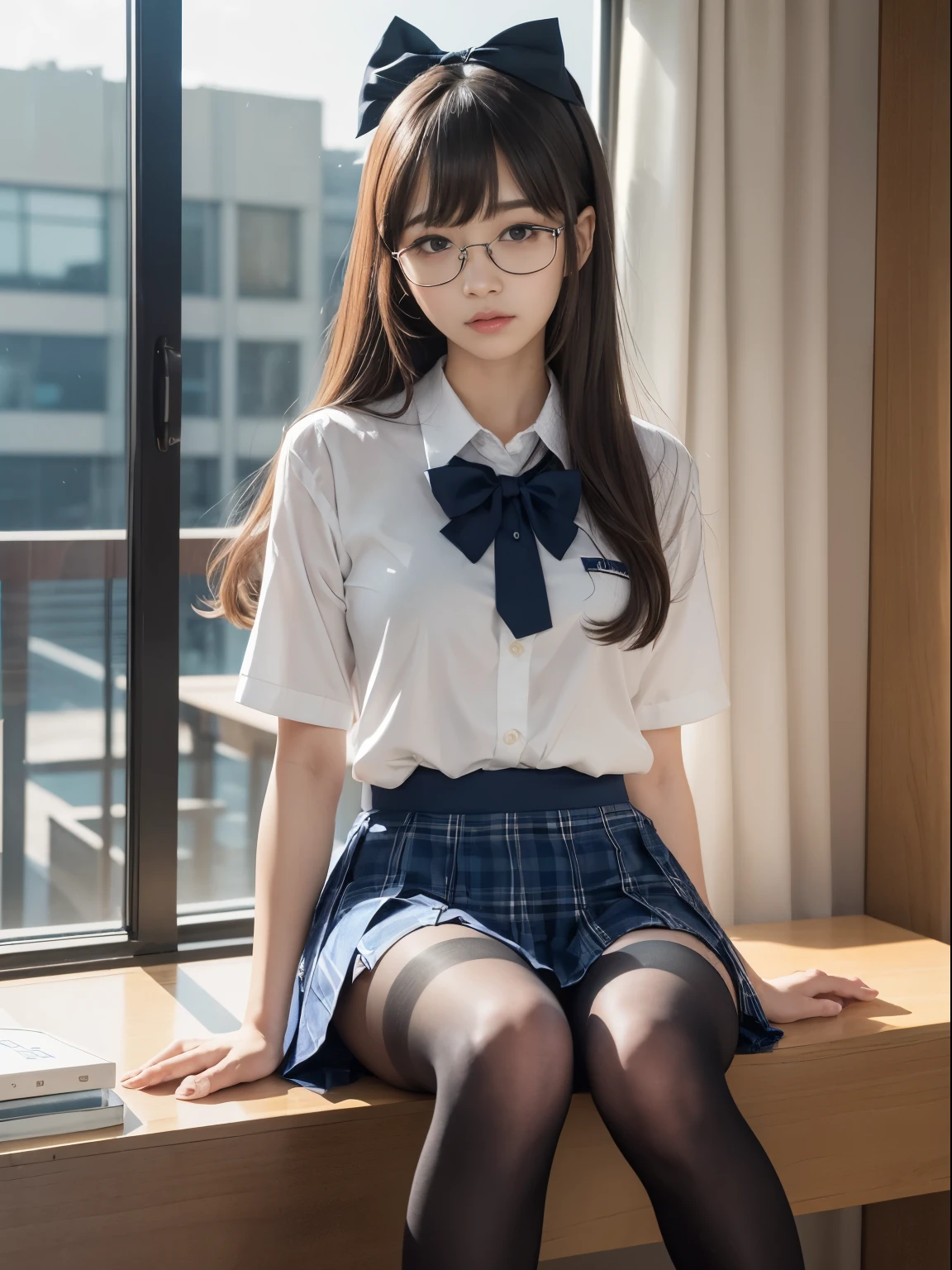 (I see underwear)、((細いThe eye))、((細いThe eye))、((細いThe eye))、(8K、生a picturegraphy、top-quality、masterpiece:1.2),、Has a small、(flat breast)、(flat breast)、(flat breast)、(flat breast)、(flat breast)、(being thin)、light skinned、skin whitening、Dark look、Rasping,glamor,light skinned肌,cocky,School,watching at viewers,Looking at the front,Muchimuchi,High-pitched clothing,Erotic,Pupils,de pele branca,kne,((Black pantyhose)),absurderes,a small face,,Forehead visible,Bangs hanging from the left and right sides of the forehead,(a cold expression,The eyeがきつめ,glares,Bullish,irate)、masterpiece,top-quality、超A high resolution,生a picture,ren,Beautiful fece,One Person, 独奏,eye glass,,Dark look,Small breasts,fullllbody,(まるeye glass),JK school uniform,hi-school girl,A Japanese Lady, (Photorealsitic:1.37)、Photon mapping,Realistic、Beautie,Cute little face,ブラウンThe eye、Black socks、(Red bow tie)、Radio City、Physically Based Rendering、depth of field rally background、a picture,Body,beauty legs, Long legs, Thin leg,(Bangs are visible), hair, s lips, Blue_The eye, nosesoft,(Light blue shirt), (Navy and blue and white plaid pleated skirt), kneが見える,Sheer clothing,, Thigh, Black cotton socks,Nogizaka Idol, , Japanese ido