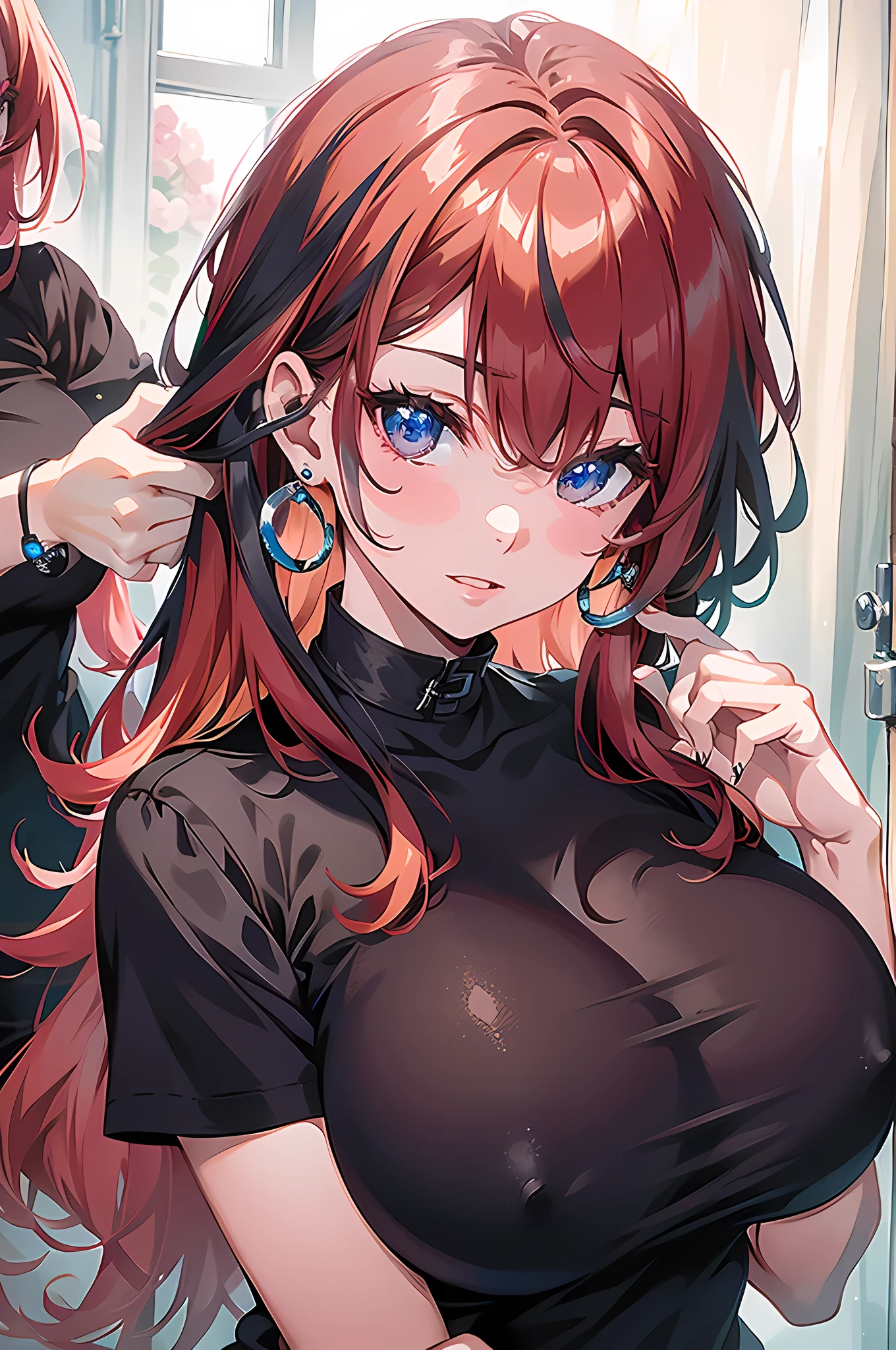 absurd, 8K, high resolution, Ultra-detailliert, beautiful, Meisterwerk, best quality, very pretty woman, Jung, mehrfarbiges Haar, (Hairdresser:1.4), (very huge breasts:1.4), (Haarringe), detailliertes Frauengesicht, Sehr attraktiv, Rasiermesser in der Hand,