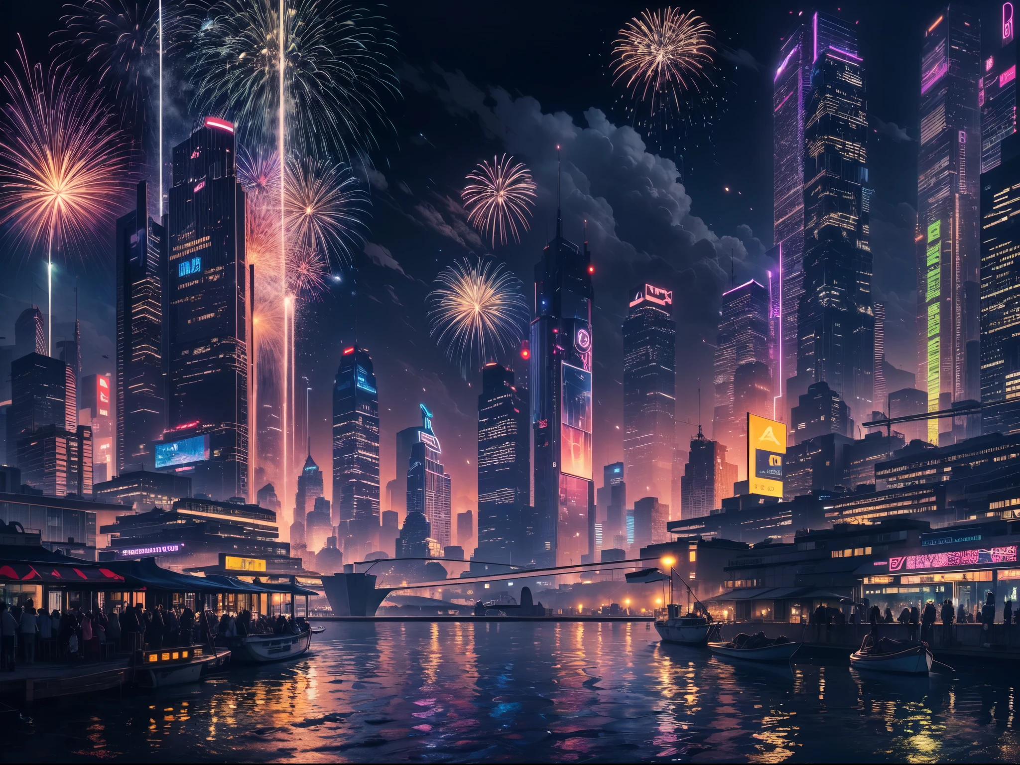 Cyberpunk Technology City，nighttime scene，water cruise，skyscrapers on the shore，Bustling metropolis，城市lamplight秀，Brilliant laser fireworks bloom in the sky，Lots of fireworks，lamplight，