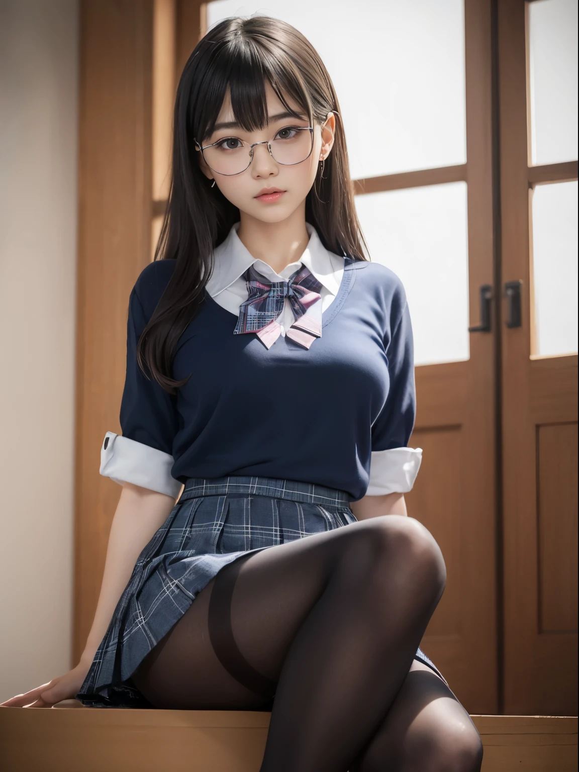 (I see underwear)、((細いThe eye))、((細いThe eye))、((細いThe eye))、(8K、生a picturegraphy、top-quality、masterpiece:1.2),、Has a small、(flat breast)、(flat breast)、(flat breast)、(flat breast)、(flat breast)、(being thin)、light skinned、skin whitening、Dark look、Rasping,glamor,light skinned肌,cocky,School,watching at viewers,Looking at the front,Muchimuchi,High-pitched clothing,Erotic,Pupils,de pele branca,kne,((Black pantyhose)),absurderes,a small face,,Forehead visible,Bangs hanging from the left and right sides of the forehead,(a cold expression,The eyeがきつめ,glares,Bullish,irate)、masterpiece,top-quality、超A high resolution,生a picture,ren,Beautiful fece,One Person, 独奏,eye glass,,Dark look,Small breasts,fullllbody,(まるeye glass),JK school uniform,hi-school girl,A Japanese Lady, (Photorealsitic:1.37)、Photon mapping,Realistic、Beautie,Cute little face,ブラウンThe eye、Black socks、(Red bow tie)、Radio City、Physically Based Rendering、depth of field rally background、a picture,Body,beauty legs, Long legs, Thin leg,(Bangs are visible), hair, s lips, Blue_The eye, nosesoft,(Light blue shirt), (Navy and blue and white plaid pleated skirt), kneが見える,Sheer clothing,, Thigh, Black cotton socks,Nogizaka Idol, , Japanese ido
