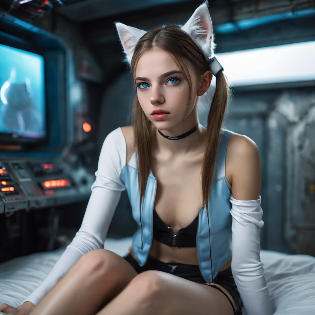 Russian girl,  sitting on a bed,  in a cyberpunk steel bunker with hatches etc.,  in the background. she is wearing white cats ears. She has twintail hairstyle. ************ girl,  slim petite,  small girl,  beautiful breasts. Masterpiece,  8k,  4k,  high resolution,  dslr,  ultra quality,  sharp focus,  tack sharp,  dof,  film grain,  Fujifilm XT3,  crystal clear,  8K UHD,  highly detailed light blue eyes,  high detailed skin,  skin pores,  seductive,   look,  bewitching lady with beautiful long hair,  brown eyes,  full lips,  long legs,  lovely face wearing torn vaultsuit clothes. , realistic colors, realistic, photorealistic