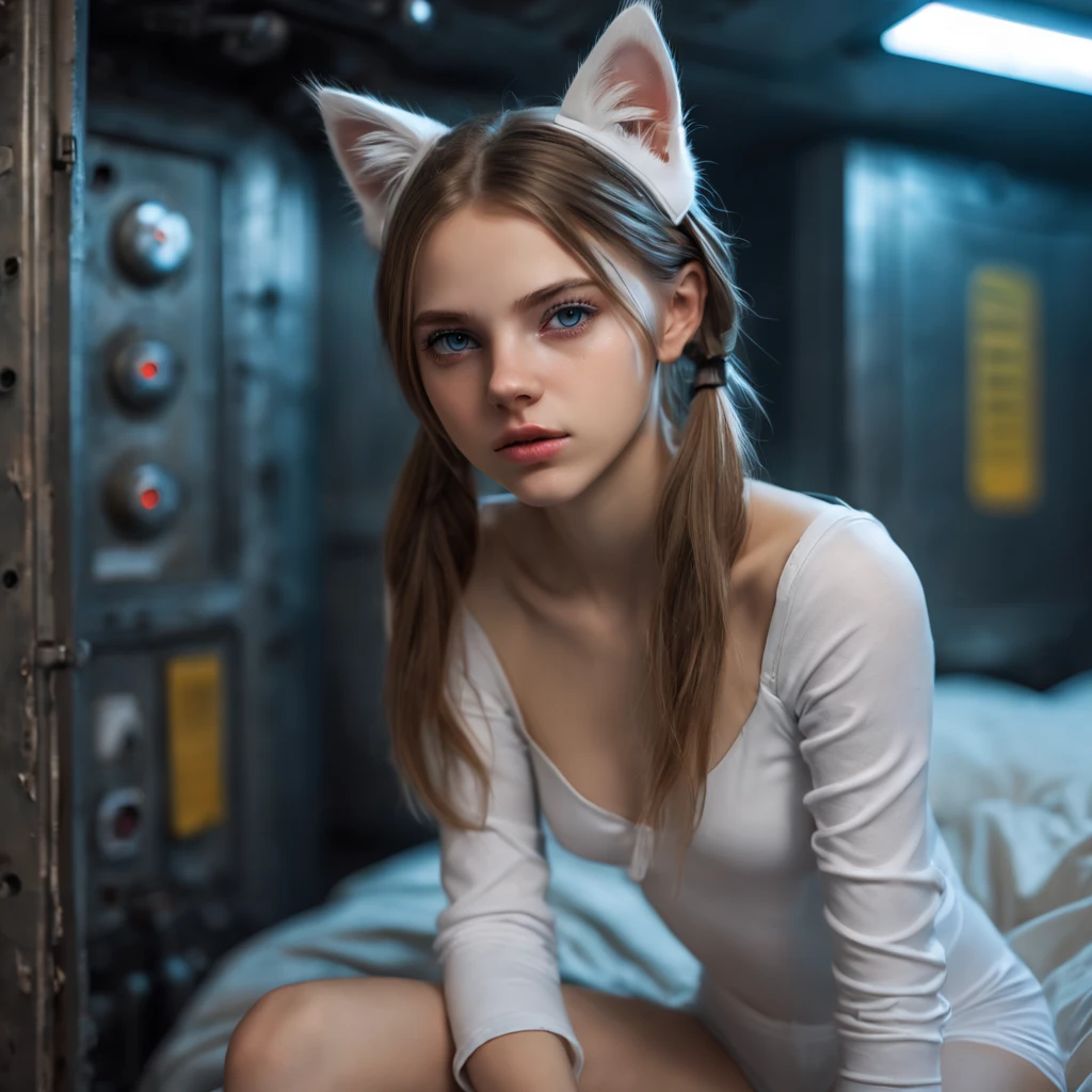 Russian girl,  sitting on a bed,  in a cyberpunk steel bunker with hatches etc.,  in the background. she is wearing white cats ears. She has twintail hairstyle.  girl,  slim petite,  smagirl,  beul breasts. Masterpiece,  8k,  4k,  high resolution,  dslr,  ultra quality,  sharp focus,  tack sharp,  dof,  film grain,  Fujifilm XT3,  crystal clear,  8K UHD,  highly detailed light blue eyes,  high detailed skin,  skin pores,  seductive,   look,  bewitching lady with beautiful long hair,  brown eyes,  full lips,  long legs,  lovely face wearing torn vaultsuit clothes. , realistic colors, realistic, photorealistic