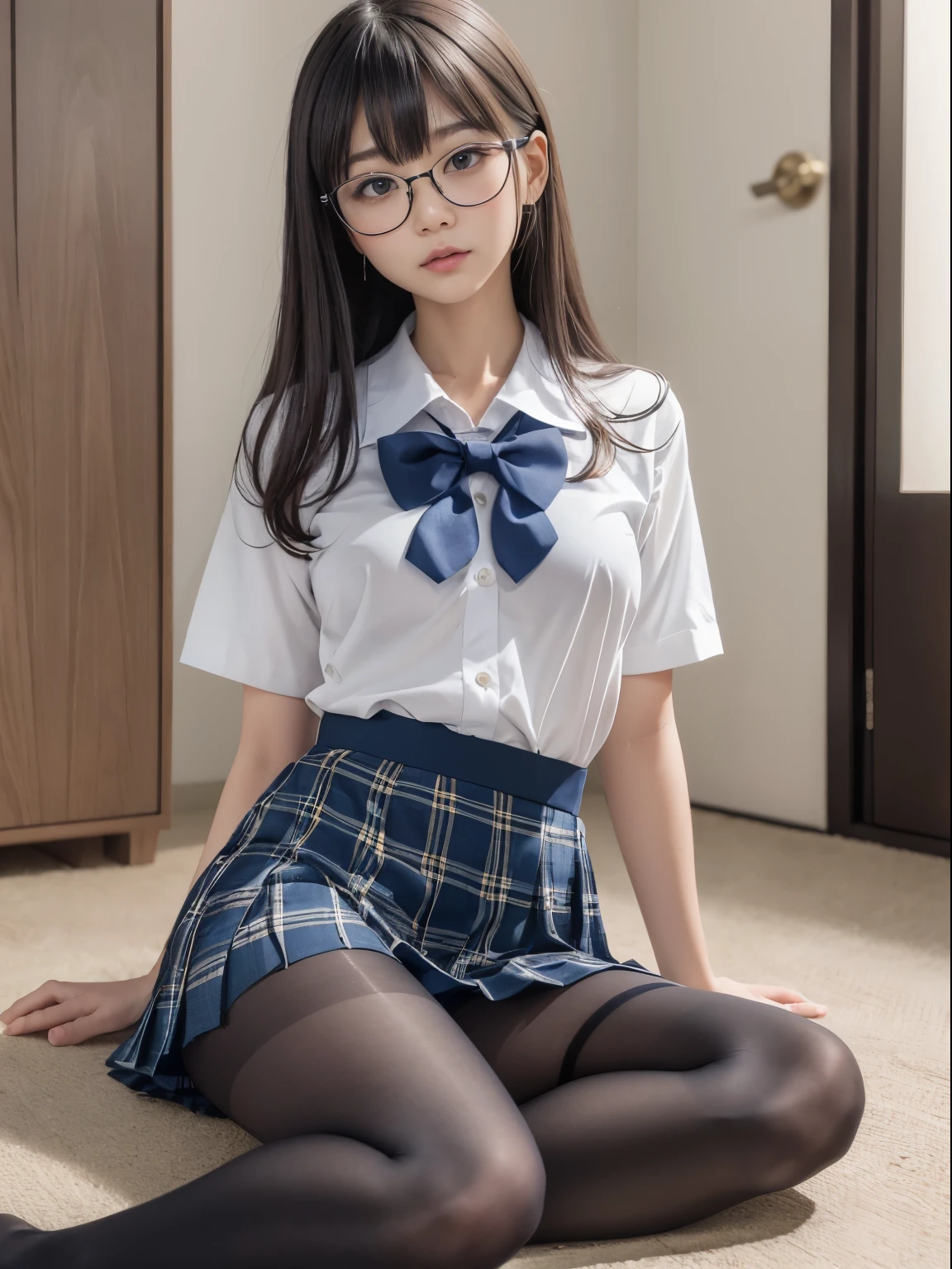 (I see underwear)、((細いThe eye))、((細いThe eye))、((細いThe eye))、(8K、生a picturegraphy、top-quality、masterpiece:1.2),、Has a small、(flat breast)、(flat breast)、(flat breast)、(flat breast)、(flat breast)、(being thin)、light skinned、skin whitening、Dark look、Rasping,glamor,light skinned肌,cocky,School,watching at viewers,Looking at the front,Muchimuchi,High-pitched clothing,Erotic,Pupils,de pele branca,kne,((Black pantyhose)),absurderes,a small face,,Forehead visible,Bangs hanging from the left and right sides of the forehead,(a cold expression,The eyeがきつめ,glares,Bullish,irate)、masterpiece,top-quality、超A high resolution,生a picture,ren,Beautiful fece,One Person, 独奏,eye glass,,Dark look,Small breasts,fullllbody,(まるeye glass),JK school uniform,hi-school girl,A Japanese Lady, (Photorealsitic:1.37)、Photon mapping,Realistic、Beautie,Cute little face,ブラウンThe eye、Black socks、(Red bow tie)、Radio City、Physically Based Rendering、depth of field rally background、a picture,Body,beauty legs, Long legs, Thin leg,(Bangs are visible), hair, s lips, Blue_The eye, nosesoft,(Light blue shirt), (Navy and blue and white plaid pleated skirt), kneが見える,Sheer clothing,, Thigh, Black cotton socks,Nogizaka Idol, , Japanese ido