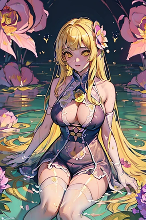 ((Finest quality)),(超A high resolution),(Ultra-detailed細),(Meticulous portrayal),((the most picturesque works of art),Ultra-Precision Art,The art of astounding depiction,Fantasyart:1.5, ((((Beautiful flowers々:1.5))), ((Body eroded by flowers:1.3)),Glamorous body:1.3,fancy background effects、masterpiece、Fancy details、(NSFW 1.1), ((1girl in)), ((masutepiece)), ((Highly detailed:1.3)), In crystal clear water,beautiful woman entering the lake, ((long yellow hair)), Wet hair, Wearing a light transparent dress, clothed bathing, steam, (colors floating in water々Nahana:1.8), Early morning light, Ivory Gold AI, windows, Crepscular lighting, 、Lace sheer underwear、very very gigantic boobs、Transparent pink nipples、Transparent pink areola、lace and string shorts.、princess carry,Sexy lingerie with lace and strings,See-through sexy lingerie,Transparent lingerie、translucent dress、pearlsescent、pearls、Sexy Harness、Sexy garter belt、Sexy Stockings、Well equipped,intimate, rose garden、Multicolored roses、lake with floating roses、Lying down、Open legs、Spread your legs、Open thighs、Immersion in water、Wet body、splash water、ゴージャスNahanaの装飾、大きNahana、stylish hair、Moon, lantern, Night, Solo, playing in the water, Water, hair flower, flower, Outdoors, skyporn, full Moon, Rain, lantern, wet clothes, skyporn, wet hair (((masutepiece),(the Extremely Detailed CG Unity 8K Wallpapers),Best Quality,Cinematic lighting,Detailed background,Beautiful detailed eyes,Bright pupils, (extremely delicate and beautiful),(Beautiful and detailed eyes description), Ultra-detailed,masutepiece,)),((Yellow eyes))、