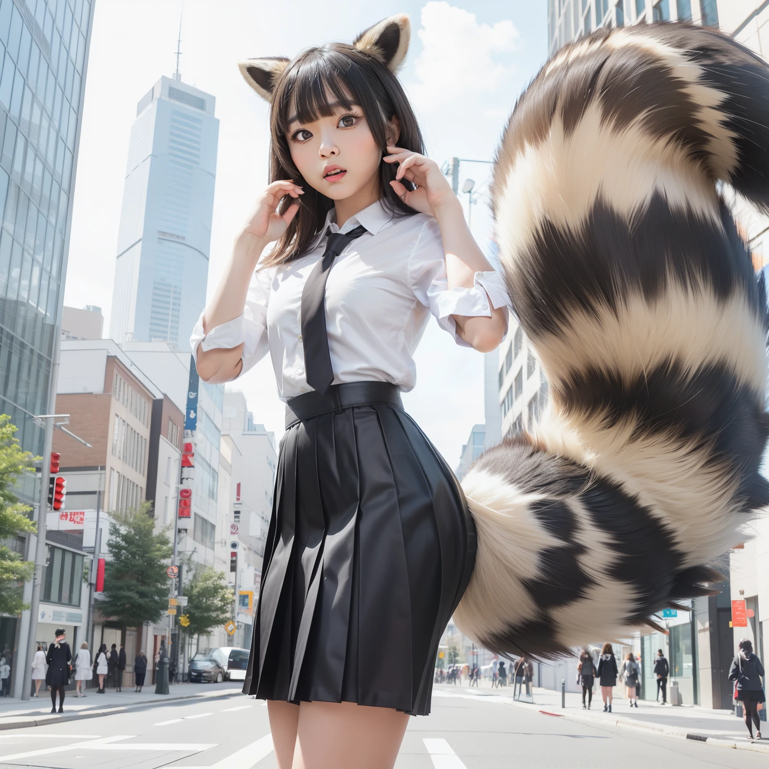 Girl with a raccoon tail walking on the city street, thick fluffy tail,  fluffy tail, Furry tail,  a hyperrealistic schoolgirl, female furry mini cute style, a hyperrealistic schoolgirl, Photorealsitic,  thick tail, white panties, a picture, top-quality, pleatedskirt