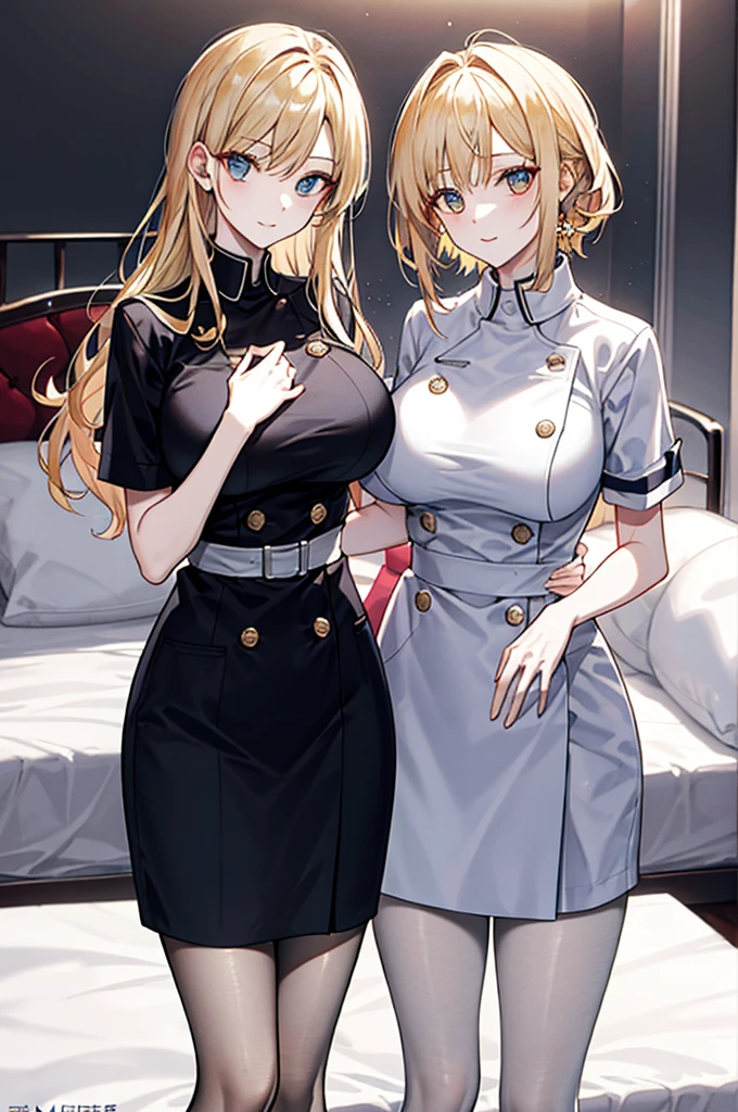 tmasterpiece, Best quality at best, finely detailled, A high resolution, Extremely refined and beautiful, 1womanl,slenderlegs, looking at viewert, face to the viewer, Golden hair, white backgrounid, 独奏,(full bodyesbian:2),(:1.2),A mother,Big breasts wife,Nurse's uniform,Bedrooms,Complicated details,Intricate patterns,