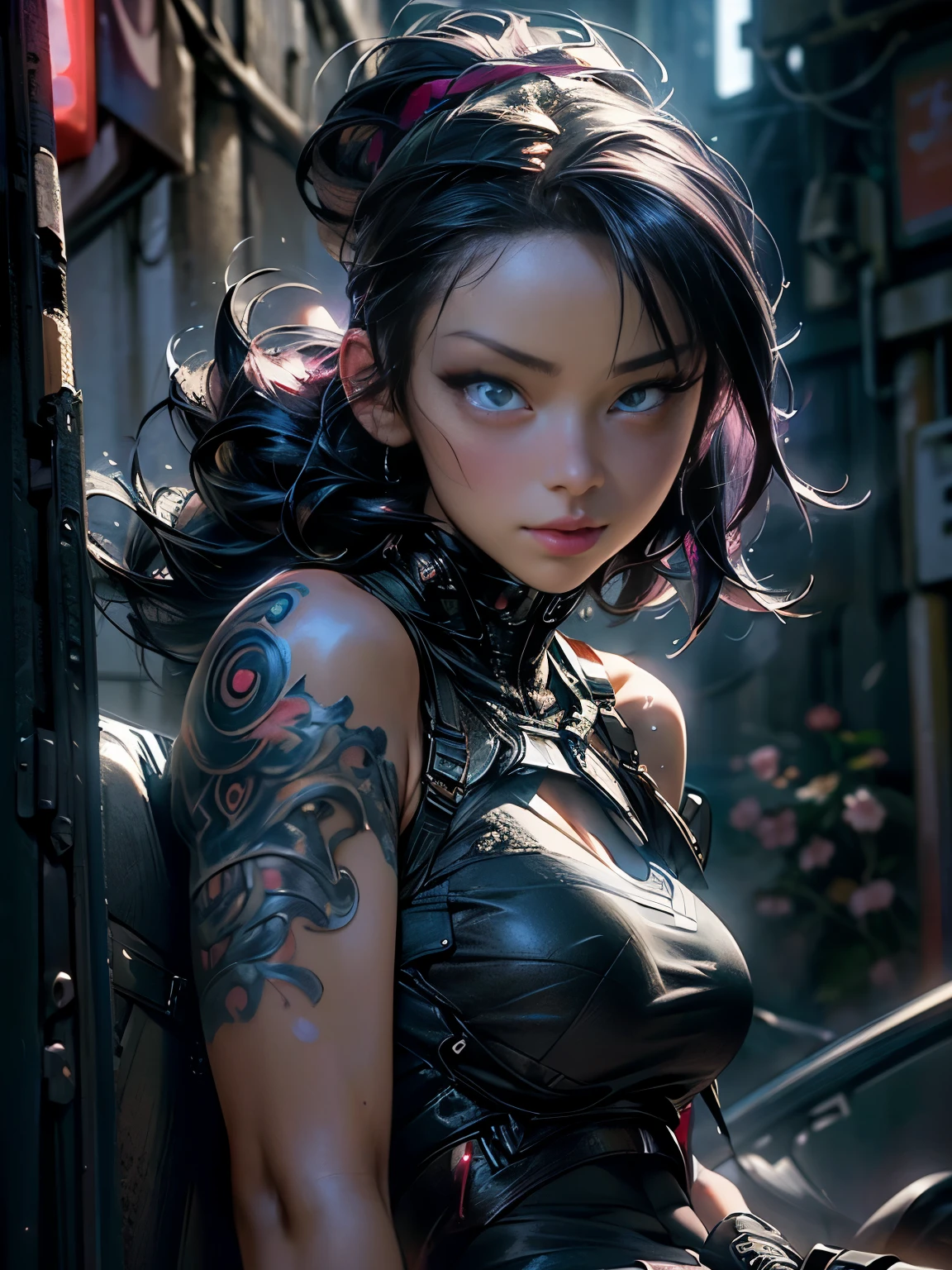 (Best Quality, best resolution), ((perfect Masterpiece, photorealistic, photogenic clarity), (incredibly Detailed: 1.4), 3D, A Beautiful futuristic Cyberpunk girl, super huge enormously gigantic tits, cleavage showing, tons of tattoos and piercings, short pink hair in a shaved mohawk hairstyle, vibrant moonlight eyes, long detailed eyelashes, arching her back in a dynamic sexy seductive slutty pose, HDR (High Dynamic Range), Satin Apparel, Ray Tracing, NVIDIA RTX, Super-Resolution, Unreal 5, Subsurface Scattering, PBR Textures, Post Processing, Anisotropic Filtering, Depth of Field, Maximum Sharpness and Sharpness, Multi-layer Textures, Albedo and Highlight Maps, Surface Shading, Accurate simulation of light-material interactions, perfect proportions, Octane Render, two-color light, large aperture, low ISO, white balance, rule of thirds, 32K RAW PHOTO, photorealistic, cherry blossoms blowing in the wind, futuristic cyber City background
