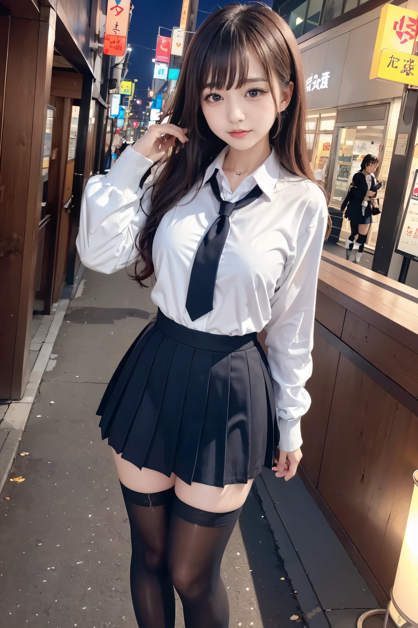 (full body photographed)、street snap、A -facel wearing a short skirt and bow tie stands on a neon street at night.(Tall)のgals女性が3人います、(3 girls)、(gals)、Phenomenally cute schoolgirl、micro sailor uniform、Winter clothes、Japanese school black uniform、(large udder、The shirt opens on the chest, exposing a lot of cleavage.)、Girl in a surreal female uniform、Wearing a dark blue uniform、Schoolgirl Pose、full body Esbian、Nice skin、glistning skin、lovely thighs、(long legged)、(wide thighs)、(Micro Mini Skirt)、glowing thigh、With garter、(opaque black knee high socks)、((all hands)(I definitely wear black knee socks that go above the knee.))、I&#39;m wearing high heeled leather shoes、High School in Japan 、乃木坂アイドル、韓国アイドル、Invite you inside、Inviting eyes