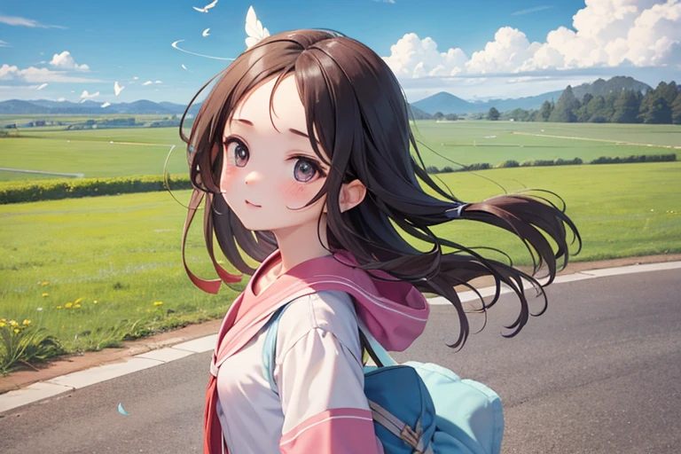 A cute girl's bangs are fluttering in the wind I can see my forehead.