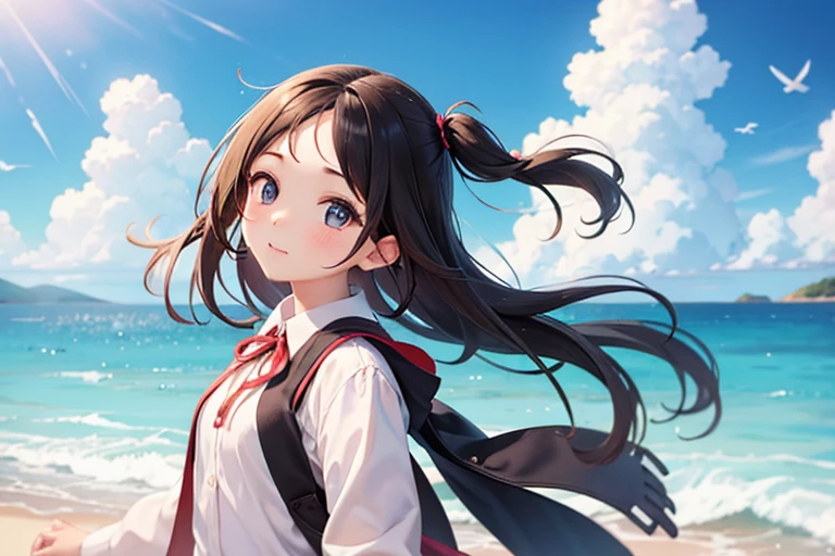 A cute girl&#39;s bangs are fluttering in the wind　I can see my forehead.