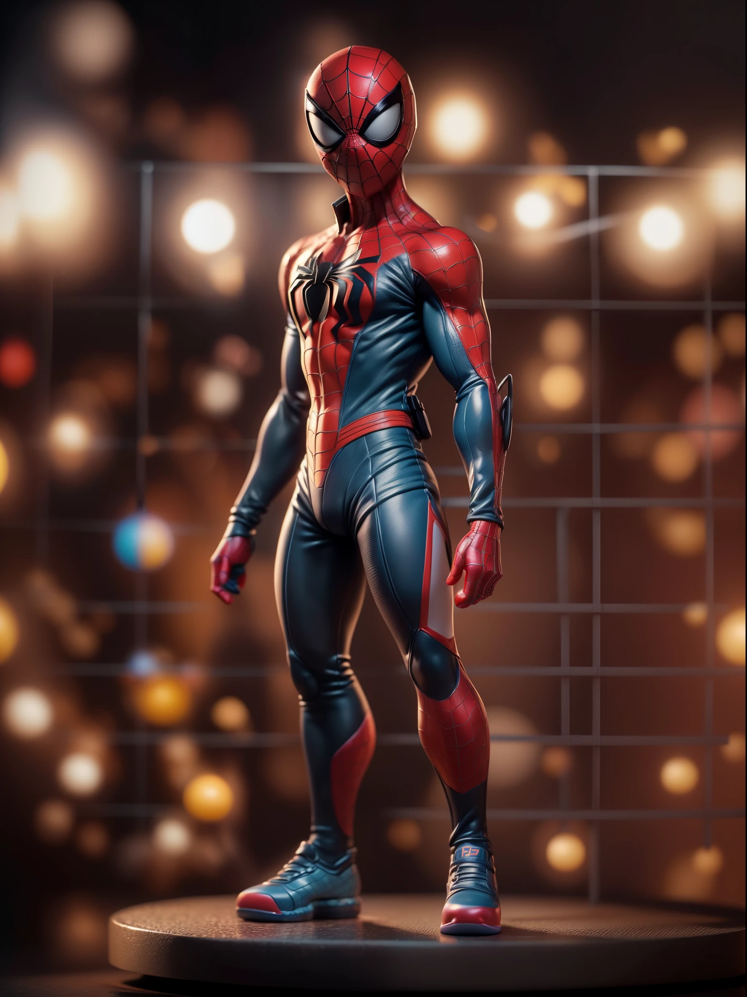 (Blind box toy style:1.3),((Full body shot)),(1 cute spiderman baby,solo)(((solo))),dreamy glow, plastic style, Clean black background, (circular base)( Global illumination, Ray tracing, hdr, unreal render,reasonable design, high detail, Masterpiece, Best quality, hyper HD, Cinematic lighting)