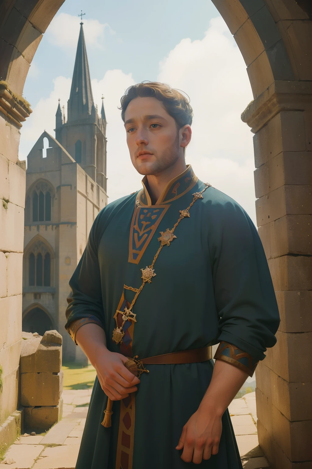 1143, Kingsbridge, England. otherworldly scene in a medieval monastery, outdoors, ((((34-year-old)) Richard Rankin)), monk, staring at the front side otside of an incomplete cathedral, construction in progress, demolished building, rubble, ((((tunic from the 12th century)))), ((Hairstyle of the 12th century)), ((Wes Anderson cinematic style)), colorful