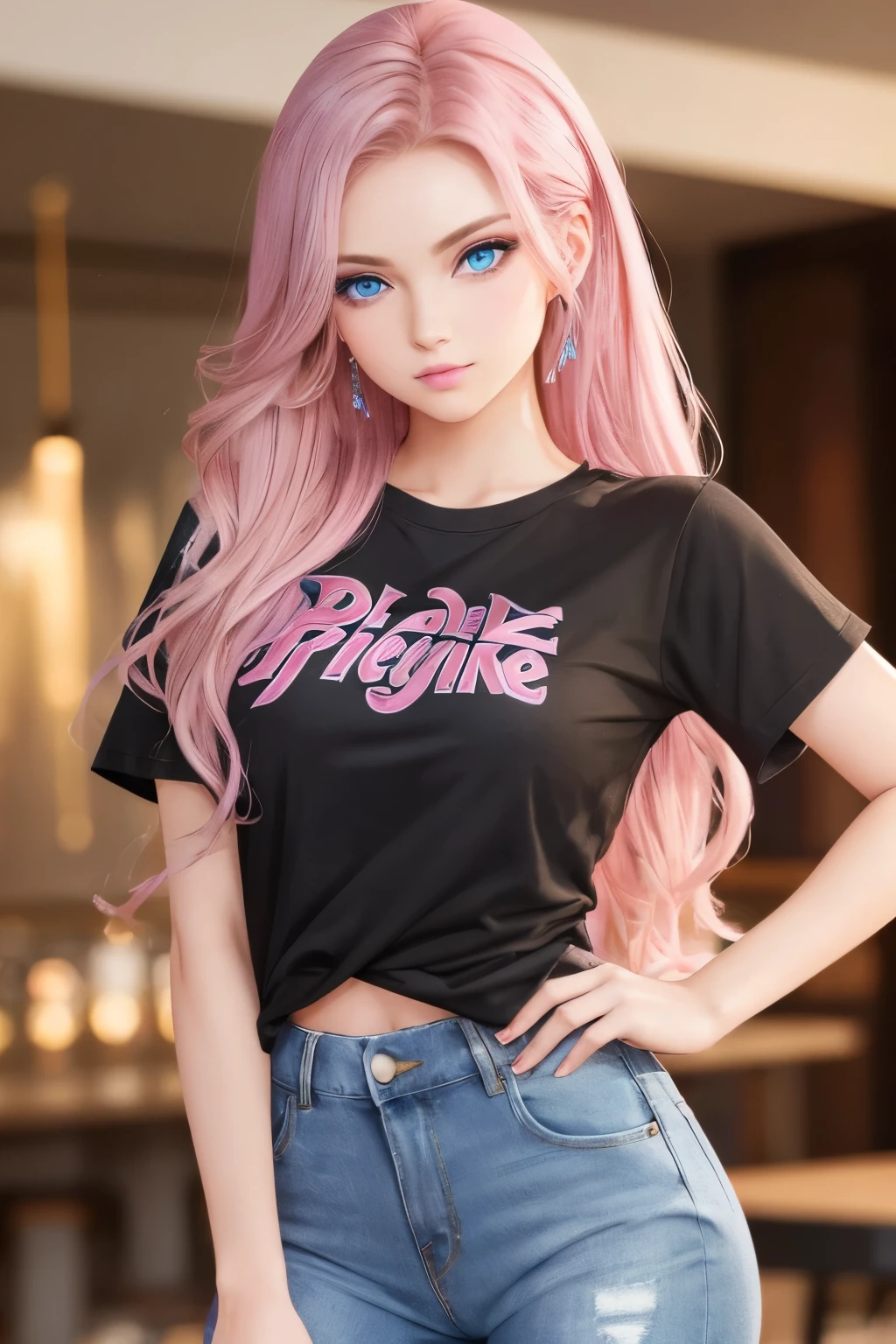 A stunning young woman with golden long curled hair porcelain skin and mesmerizing blue eyes, her long lashes fluttering as she gazes confidently into the camera. She wears trendy ripped jeans and a tight-fitted tee shirt of pink black and silver, complete with pink lipstick and eyeshadow, exuding beauty and confidence. She is facing forward staring straight into the camera ultra-realistic best quality perfect beauty.