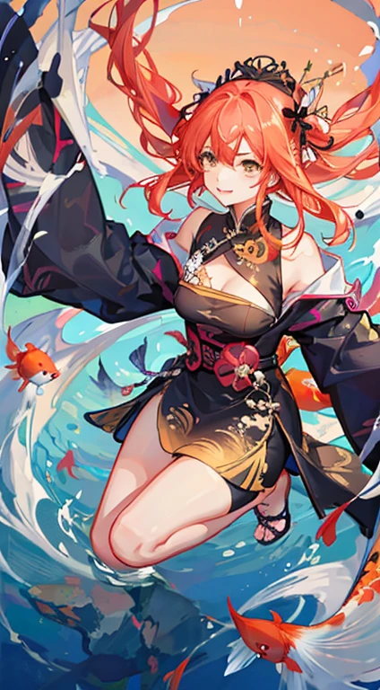 Best quality at best, China-style，jubilation， A cute girl half leaning, (floating koi),Koi red