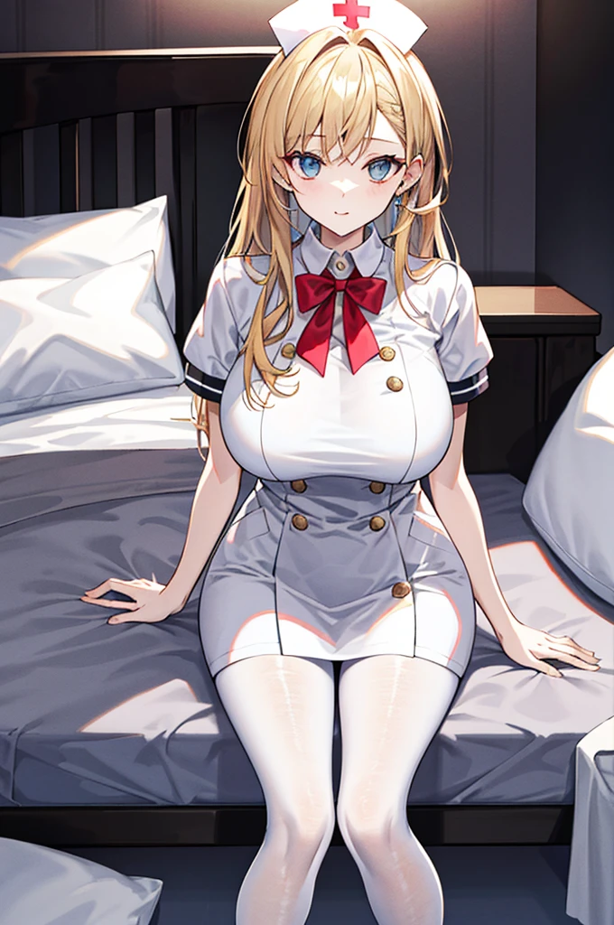 tmasterpiece, Best quality at best, finely detailled, A high resolution, Extremely refined and beautiful, 1womanl,slenderlegs, looking at viewert, face to the viewer, Golden hair, white backgrounid, 独奏,(full bodyesbian:2),A mother,Big breasts wife,Nurse's uniform,Bedrooms,Complicated details,Intricate patterns,nsfw,