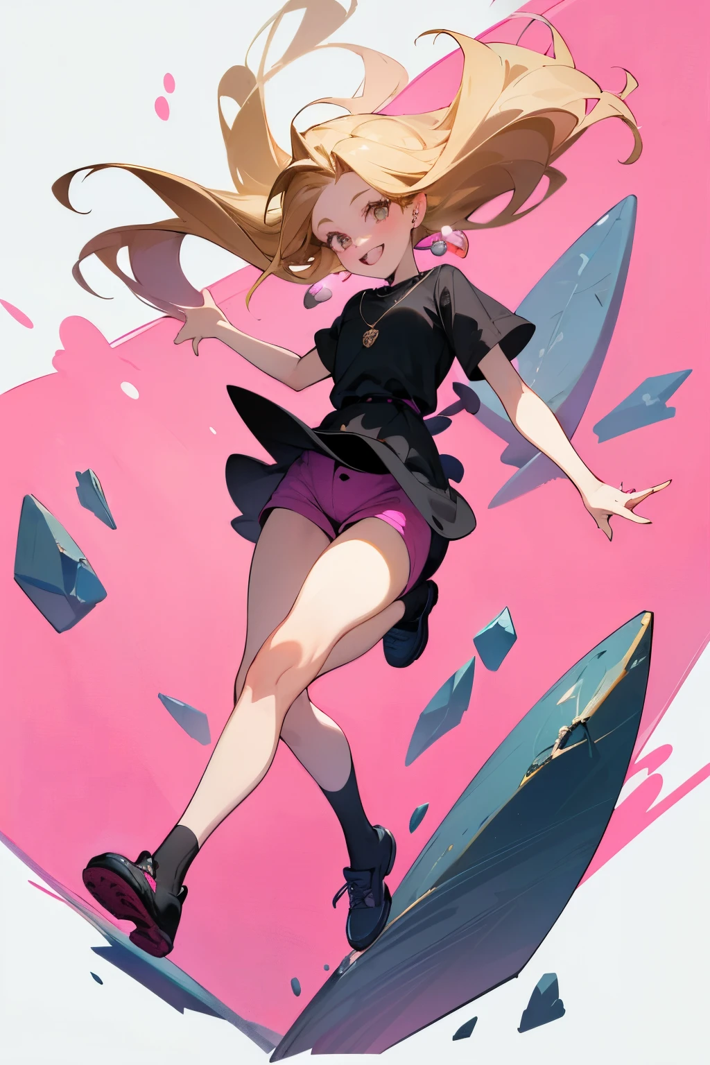(masterpiece), best quality, full body art, girl, , blonde unkempt waist-length hair, almond eyes, black shirt, pattern of pink dots, pink wide short shorts, black shoes, necklace with a blue drop-shaped stone, excited happy face