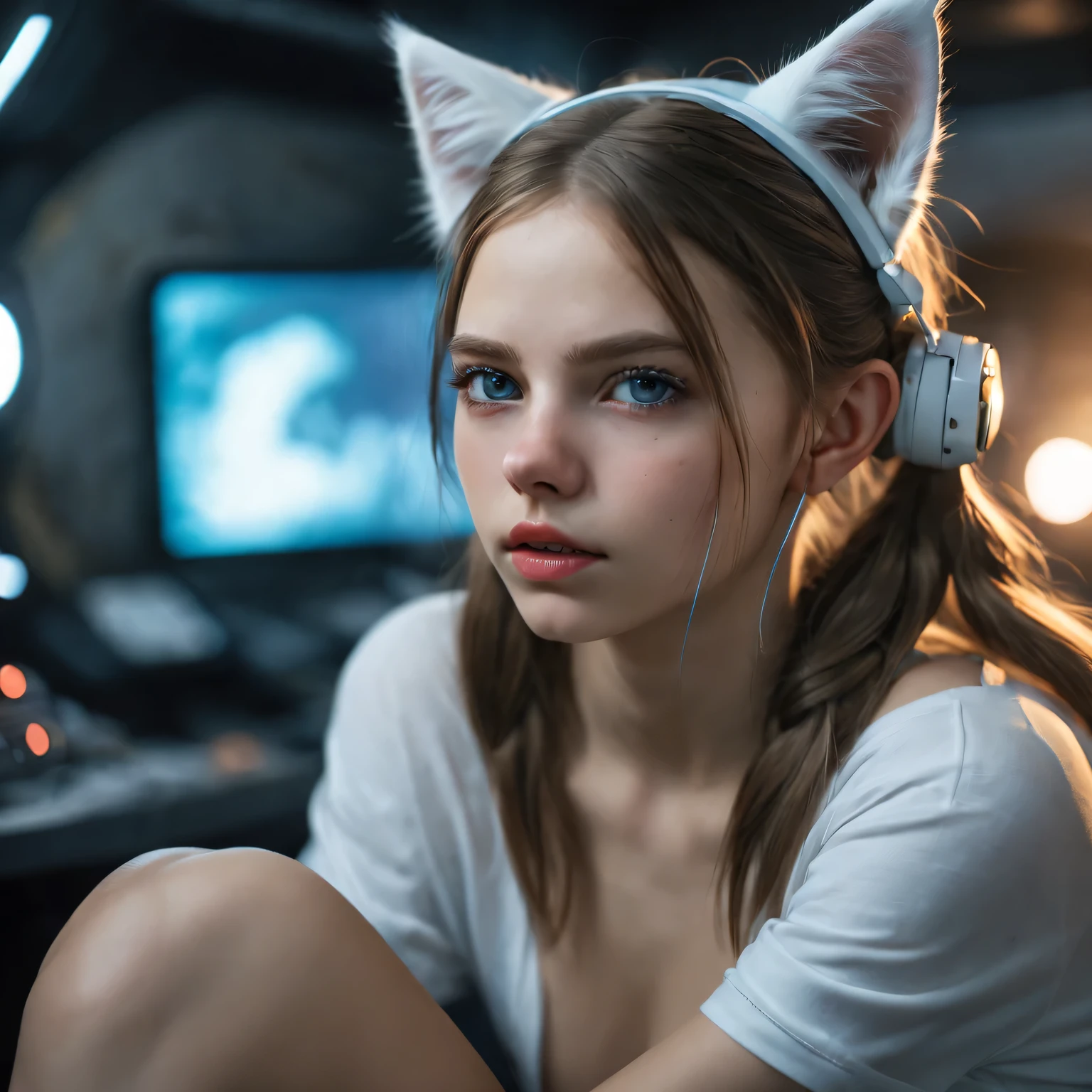 Russian girl,  sitting on a bed,  in a cyberpunk steel bunker with hatches etc.,  in the background. she is wearing white cats ears. She has twintail hairstyle. ************ girl,  slim ***ite,  ***** girl,  beautiful breasts. Masterpiece,  8k,  4k,  high resolution,  dslr,  ultra quality,  sharp focus,  tack sharp,  dof,  film grain,  Fujifilm XT3,  crystal clear,  8K UHD,  highly detailed light blue eyes,  high detailed skin,  skin pores,  seductive,   look,  bewitching lady with beautiful long hair,  brown eyes,  full lips,  long legs,  lovely face wearing torn vaultsuit clothes. , realistic colors, realistic, photorealistic