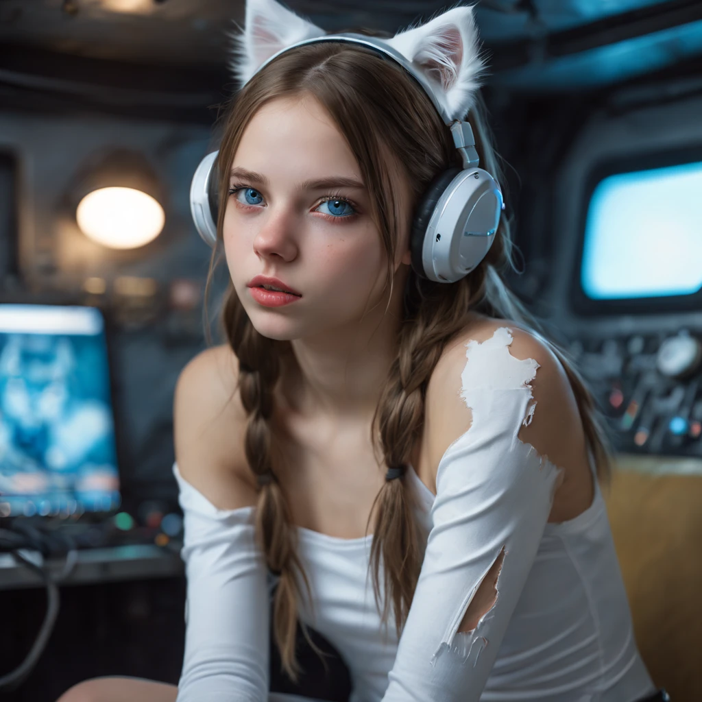Russian girl, sitting on a bed, in a cyberpunk steel bunker with hatches etc., in the background. she is wearing white cats ears. She has twintail hairstyle. girl, slim petite, smagirl, beul breasts. Masterpiece, 8k, 4k, high resolution, dslr, ultra quality, sharp focus, tack sharp, dof, film grain, Fujifilm XT3, crystal clear, 8K UHD, highly detailed light blue eyes, high detailed skin, skin pores, seductive, look, bewitching lady with beautiful long hair, brown eyes, full lips, long legs, lovely face wearing torn vaultsuit clothes. , realistic colors, realistic, photorealistic