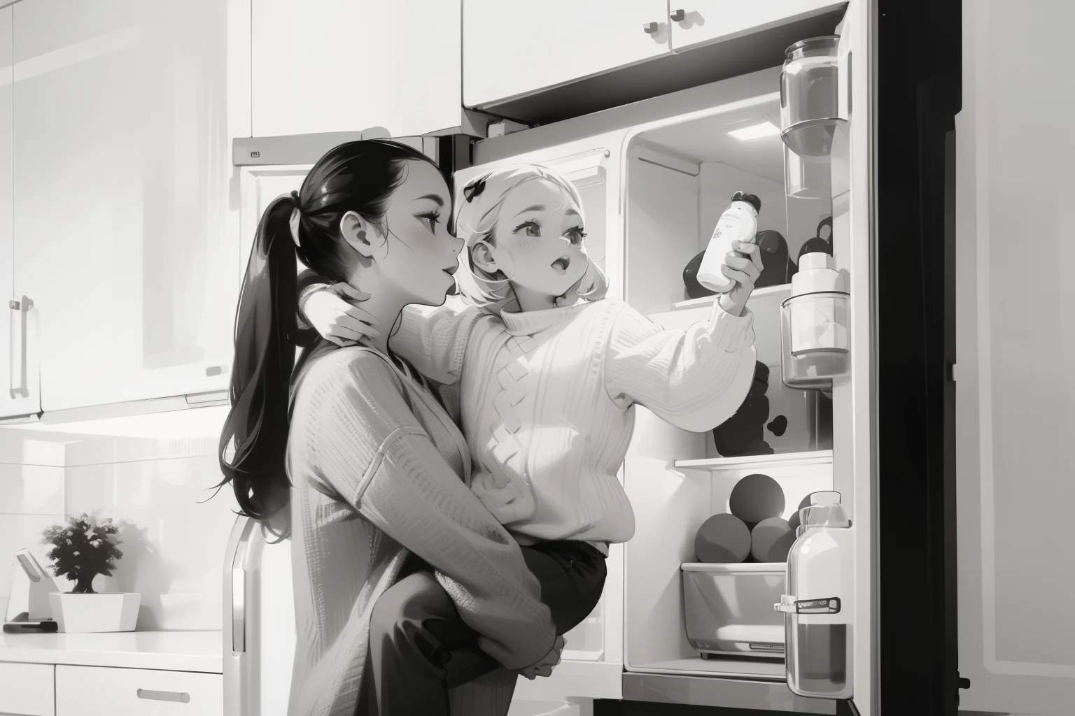there is a woman holding a baby in front of a refrigerator, advertising photo, refrigerator, fridge, holiday season, with a kid, promo image, children's, candid portrait photo, sleek design, portrait image, monochrome black and white, toy commercial photo, vector style, Hand-painted style