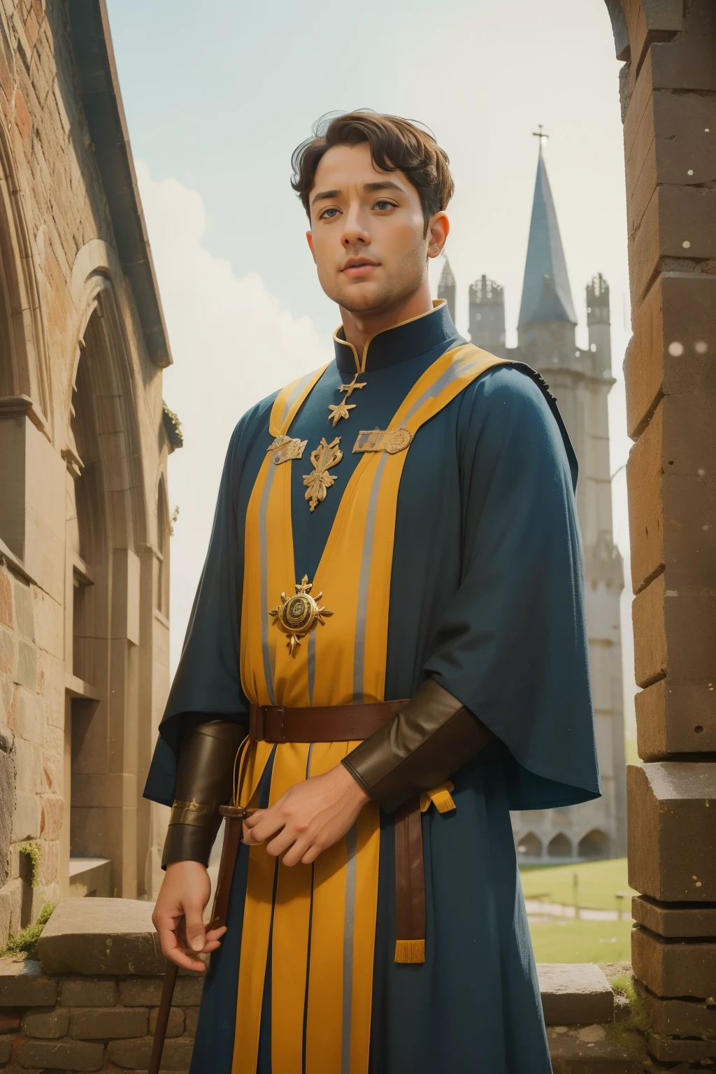 1143, Kingsbridge, England. otherworldly scene in a medieval monastery, outdoors, ((((34-year-old)) Richard Rankin)), monk, staring at the front side otside of an incomplete cathedral, construction in progress, demolished building, rubble, ((((tunic from the 12th century)))), ((Hairstyle of the 12th century)), ((Wes Anderson cinematic style)), colorful