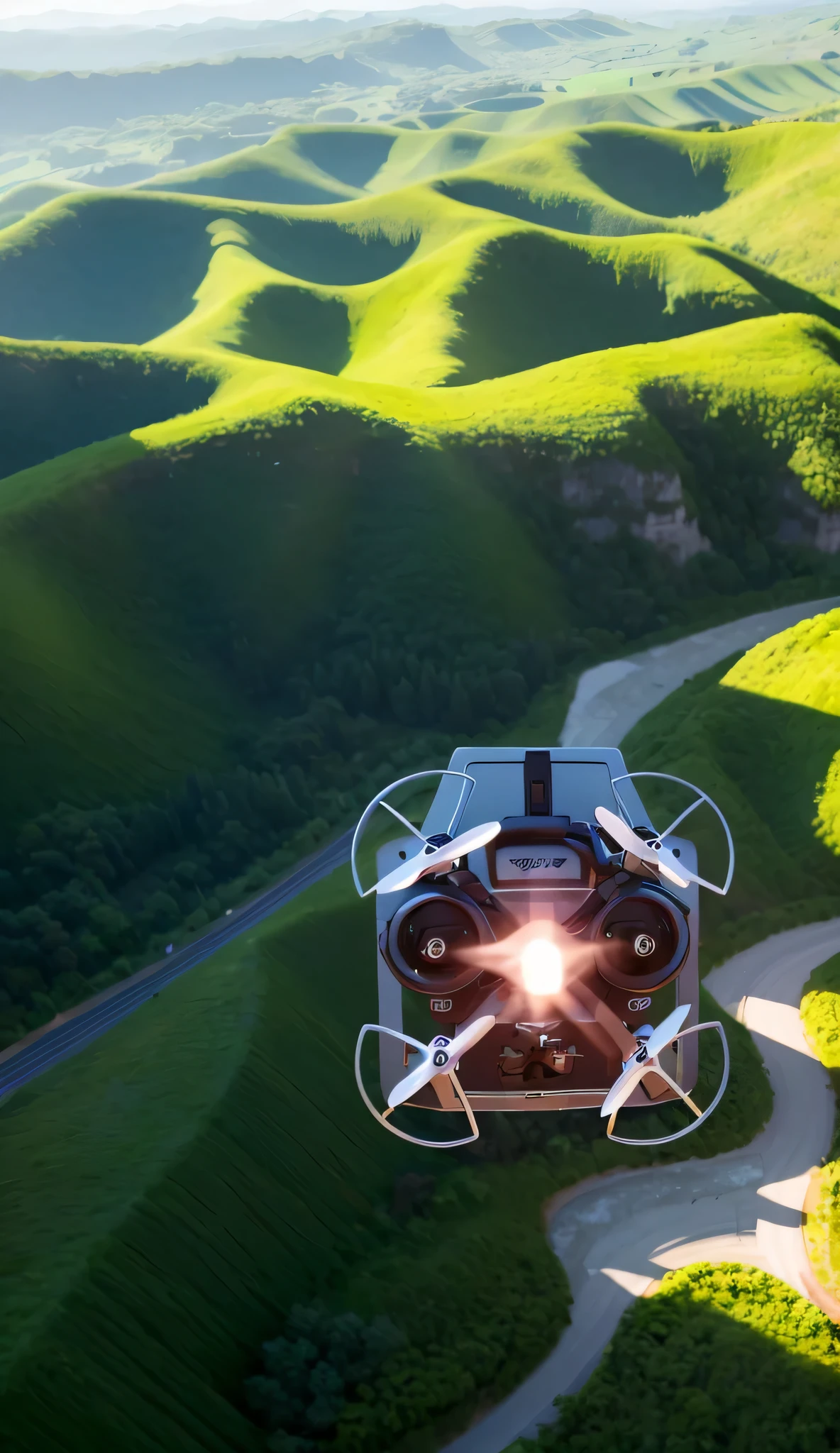 (This is a DJI drone),Oasis forest in the background，Full of technology,tmasterpiece,Best quality at best, Late afternoon,(high detal:1.5),You can also see the vast sky，And lovely clouds，4K high resolution，high high quality,SLR k phase ultra clear,The overall background is forest green plants，Create a vast forest full of mysterious technologies，There is a winding mountain road in front of the forest