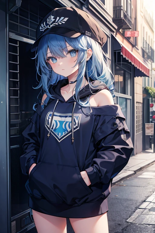 masterpiece,1girl,solo,long hair,blue hair,hoodie,off shoulder:1.2, mob cap, street,hand on hip, hand in pocket,