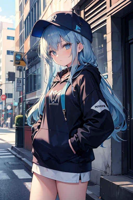 masterpiece,1girl,solo,long hair,blue hair,hoodie,off shoulder:1.2, mob cap, street,hand on hip, hand in pocket,