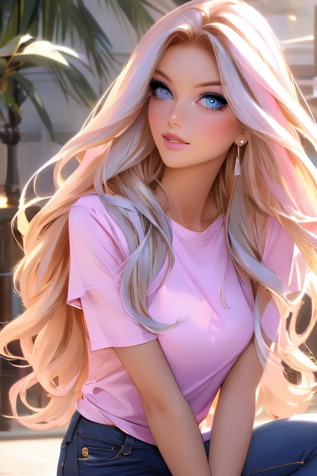 A stunning young woman with golden long curled hair porcelain skin and mesmerizing blue eyes, her long lashes fluttering as she gazes confidently into the camera. She wears trendy ripped jeans and a tight-fitted tee shirt of pink black and silver, complete with pink lipstick and eyeshadow, exuding beauty and confidence. She is facing forward staring straight into the camera ultra-realistic best quality perfect beauty.