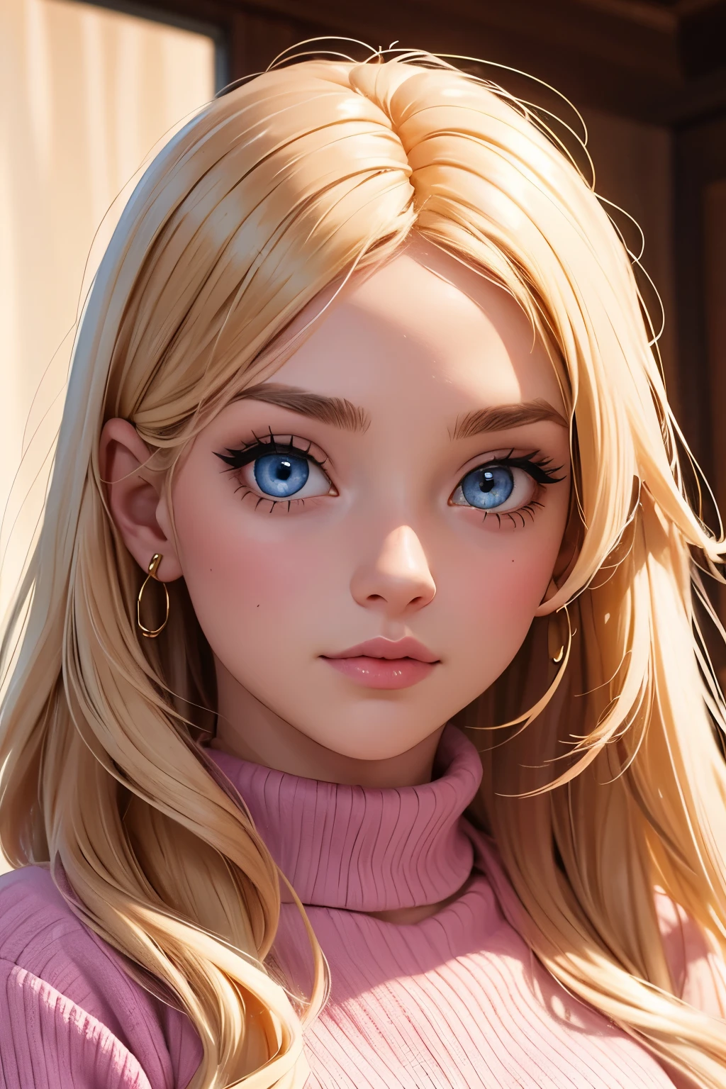 The camera captures a young woman with fair skin and golden blonde long hair and piercing blue eyes, her upturned nose giving her a unique and alluring look. Her full lips are adorned with a pop of pink lipstick, matching the pink eyeshadow that makes her eyes sparkle she is wearing a soft pink sweater