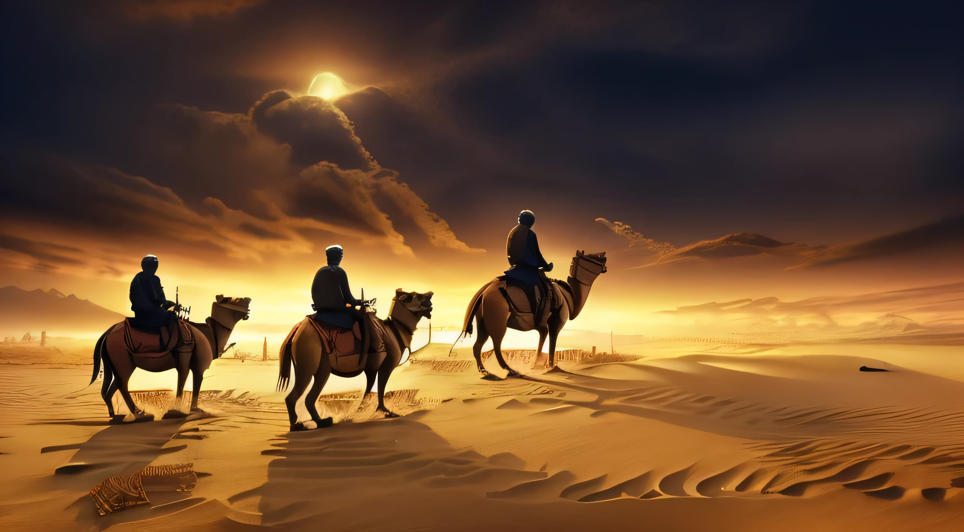 arafed painting of a group of people riding camels in the desert, epiphany, by Krzysztof Boguszewski, the wise man is riding on top, beautiful image ever created, beautiful depiction, beautiful image, by Archibald Robertson, by Ernst, by Eileen Aldridge, by Nelson Alexander Ross, by Elaine Hamilton, by Roger Cecil