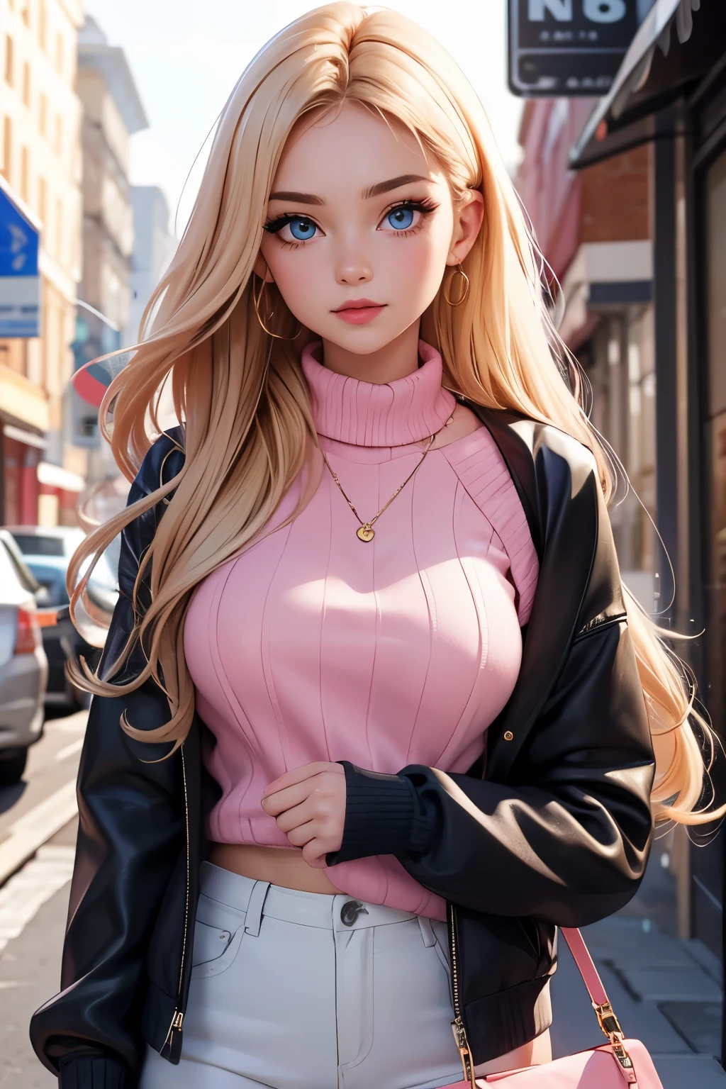 The camera captures a young woman with fair skin and golden blonde long hair and piercing blue eyes, her upturned nose giving her a unique and alluring look. Her full lips are adorned with a pop of pink lipstick, matching the pink eyeshadow that makes her eyes sparkle she is wearing a soft pink sweater