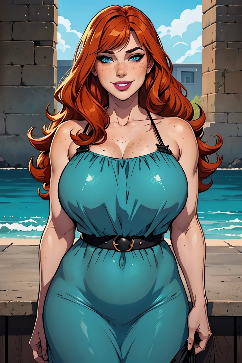 Sexy hermaphrodite, plump pursed lips, freckles, long curly ginger hair with bangs, crystal blue eyes with smoky eye shadow and black eyeliner, black semi-matte lipstick, pale to sun-kissed skin, flirty smug smile, teal sundress, large penis genital bulge, fit body, large plump breasts and nipple poking through clothes