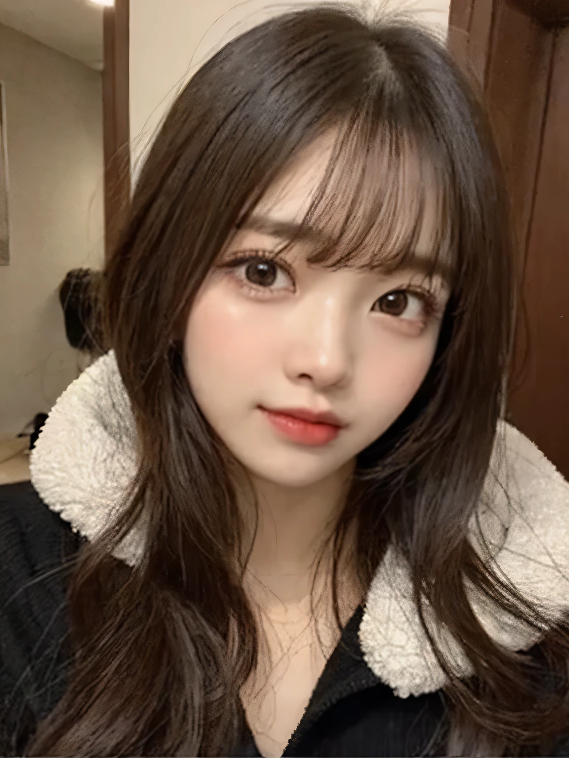 masutepiece, Best Quality, Illustration, Ultra-detailed, finely detail, hight resolution, 8K Wallpaper, Perfect dynamic composition, Beautiful detailed eyes, Winter clothes,Medium Hair,Natural Color Lip, Home front door(Curly)、20 years girl、Cute、Please show your face to the camera,Face that feels ecstasy,blur backgroun,KPOP Idol Face,Cute,Shoot from a little above,Kamimei,Anatomically correct body