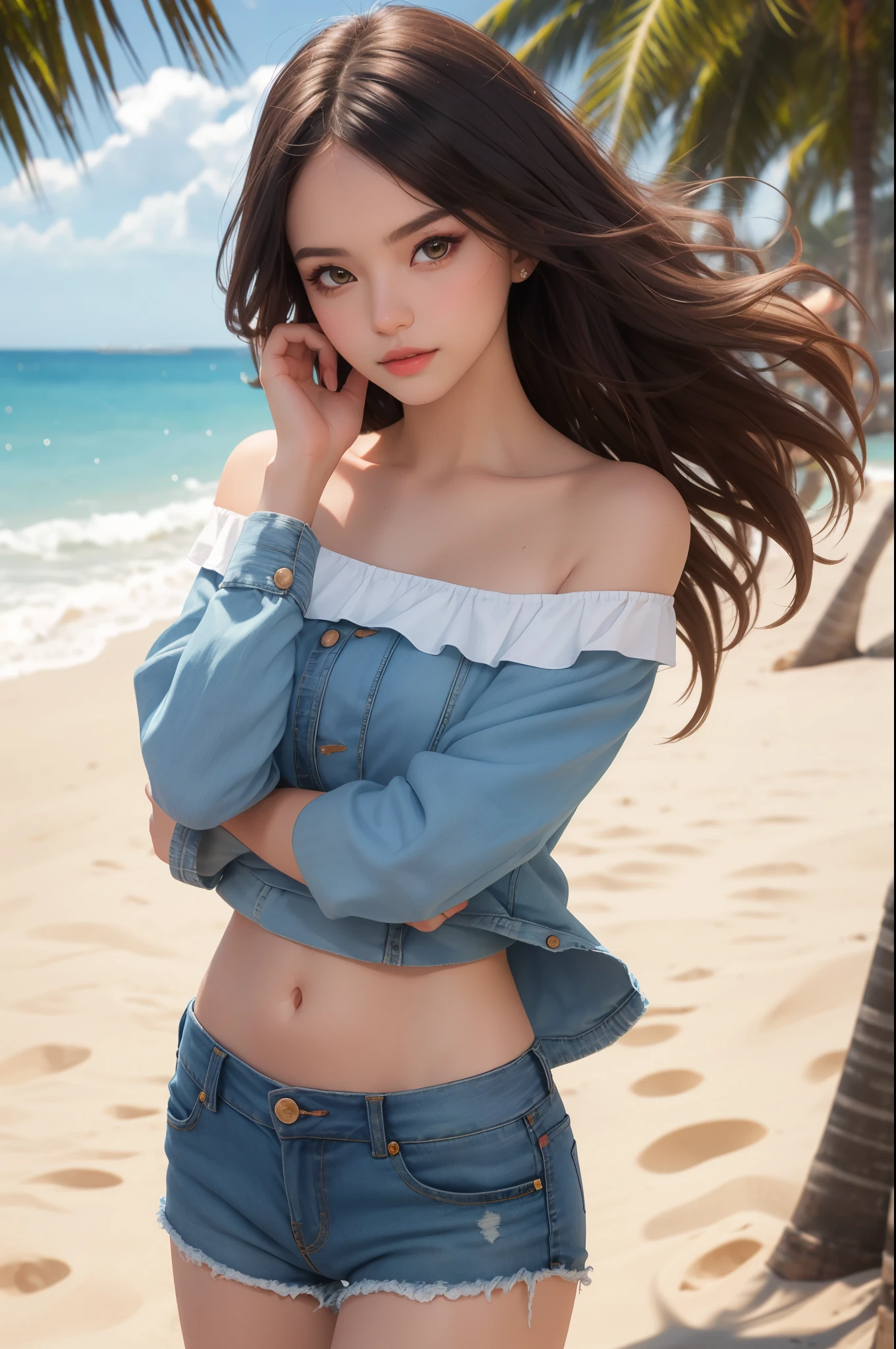 best quality, photorealistic, photography, highly detailed, looking at the viewer, 1 girl, long hair, jade, off the shoulder, denim shorts, solo, sand beach, sea side, perfectly centered within the frame, pose like a model, instagram pose