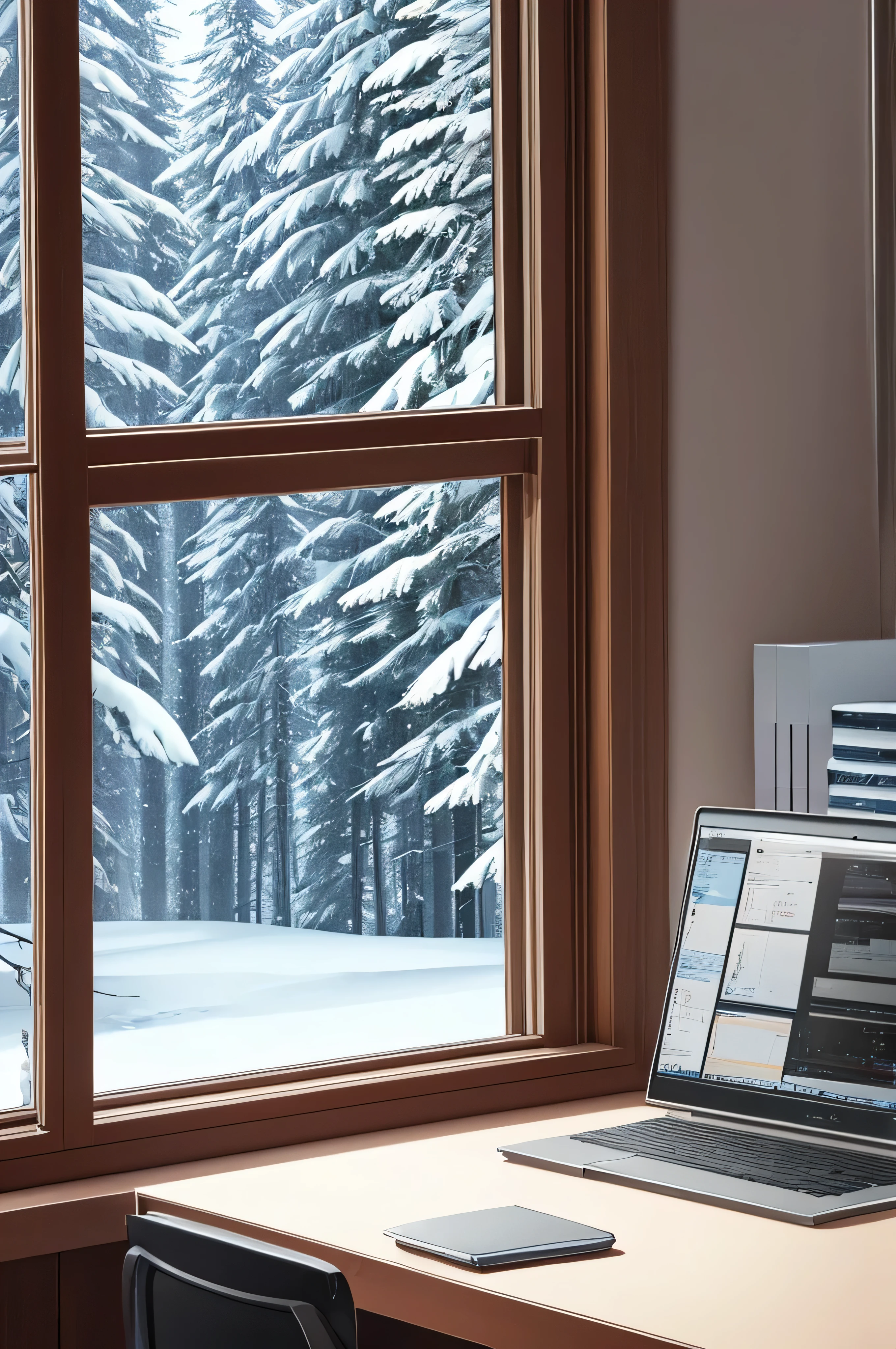 computer desk window view of a snowy forest